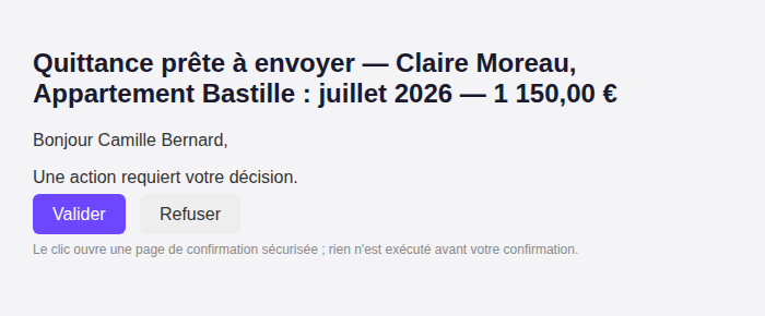 Email de validation d'action : titre de l'action, salutation, boutons « Valider » et « Refuser », et rappel que le clic ouvre une page de confirmation sécurisée