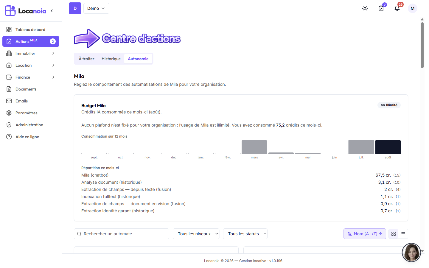 Onglet Autonomie de la page Actions MILA : carte Budget Mila, puis cartes d'automates « Accusé de réception assurance » et « Analyse du risque de départ », chacune avec son sélecteur Manuel / Propose / Autonome