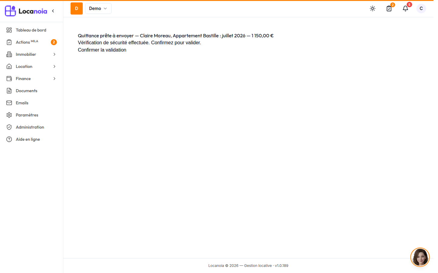 Page de confirmation /actions/<jeton> : titre de l'action, message « Vérification de sécurité effectuée. », bouton « Confirmer la validation »