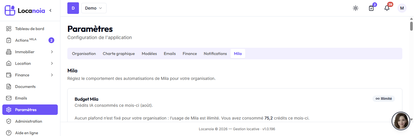 Onglet Paramètres > Mila avec la carte Budget Mila en tête : badge « Illimité », crédits consommés ce mois-ci, mini-graphique de consommation sur 12 mois et répartition par type de traitement