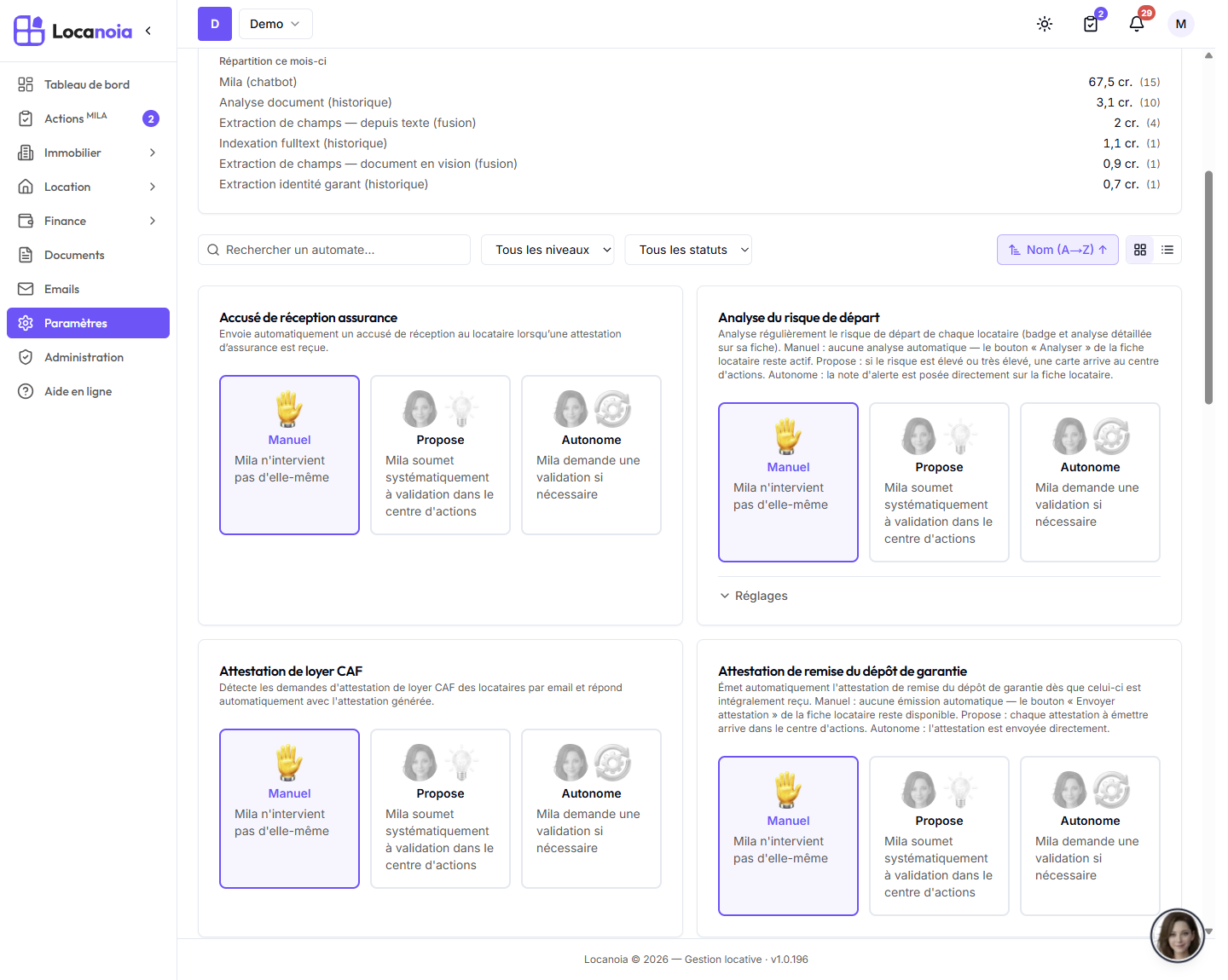Onglet Paramètres > Mila, vue cartes : plusieurs automates (Accusé de réception assurance, Analyse du risque de départ, Attestation de loyer CAF, Attestation de remise du dépôt de garantie), chacun avec son sélecteur Manuel / Propose / Autonome