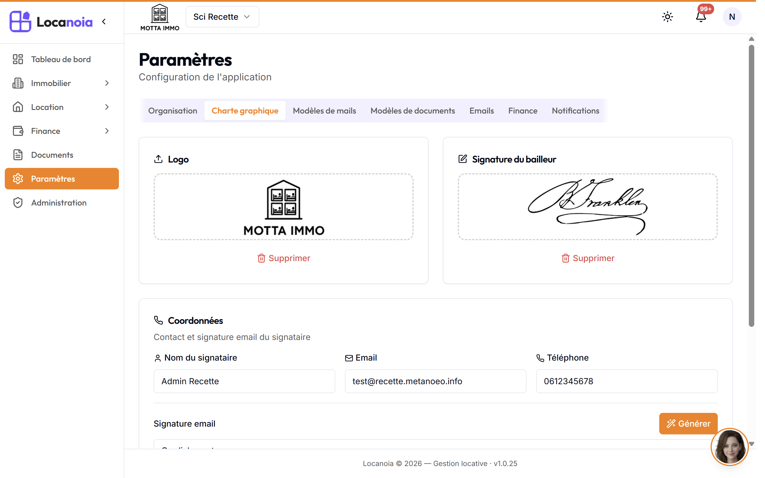 Onglet Charte graphique avec logo et signature
