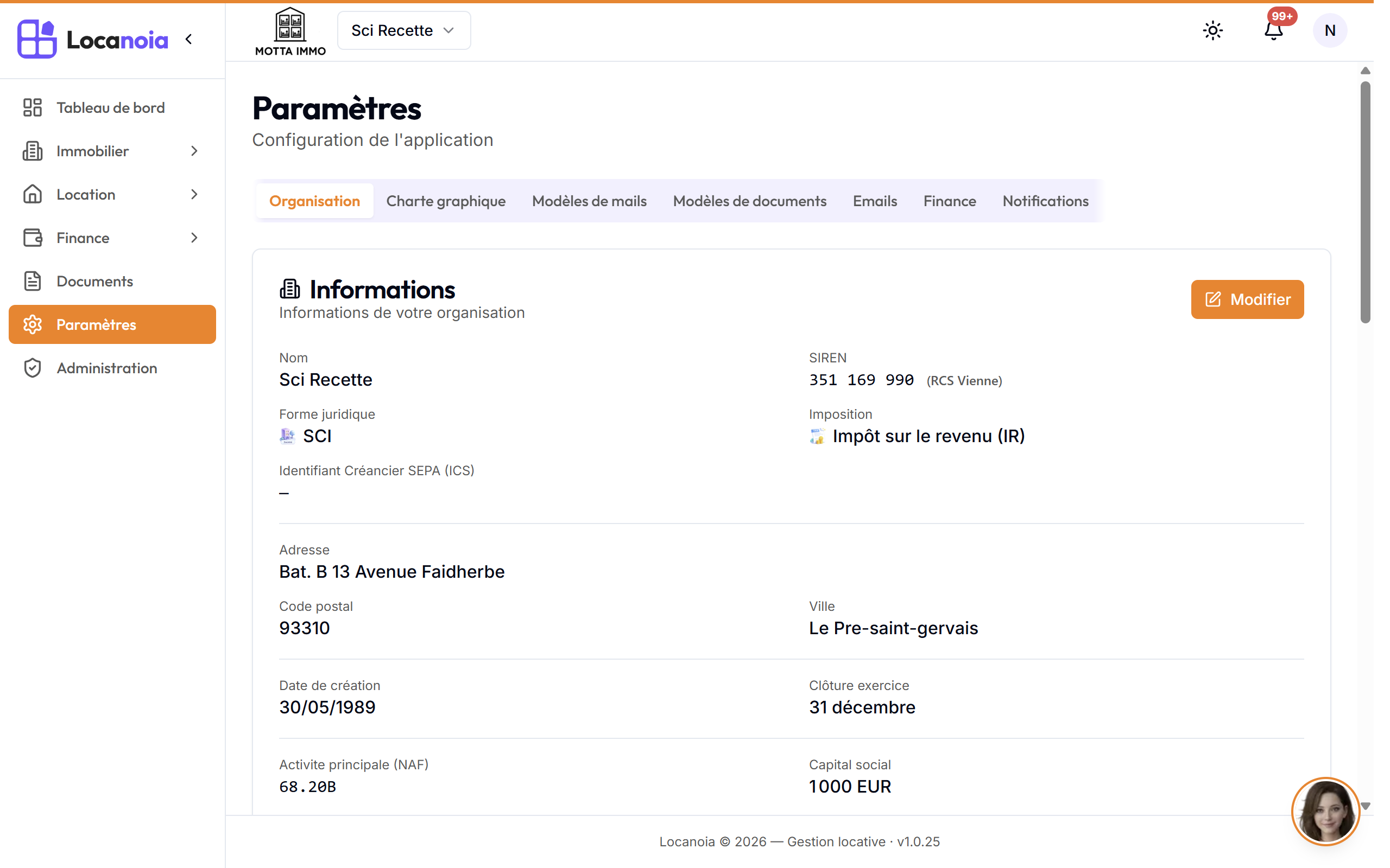 Onglet Organisation dans les paramètres