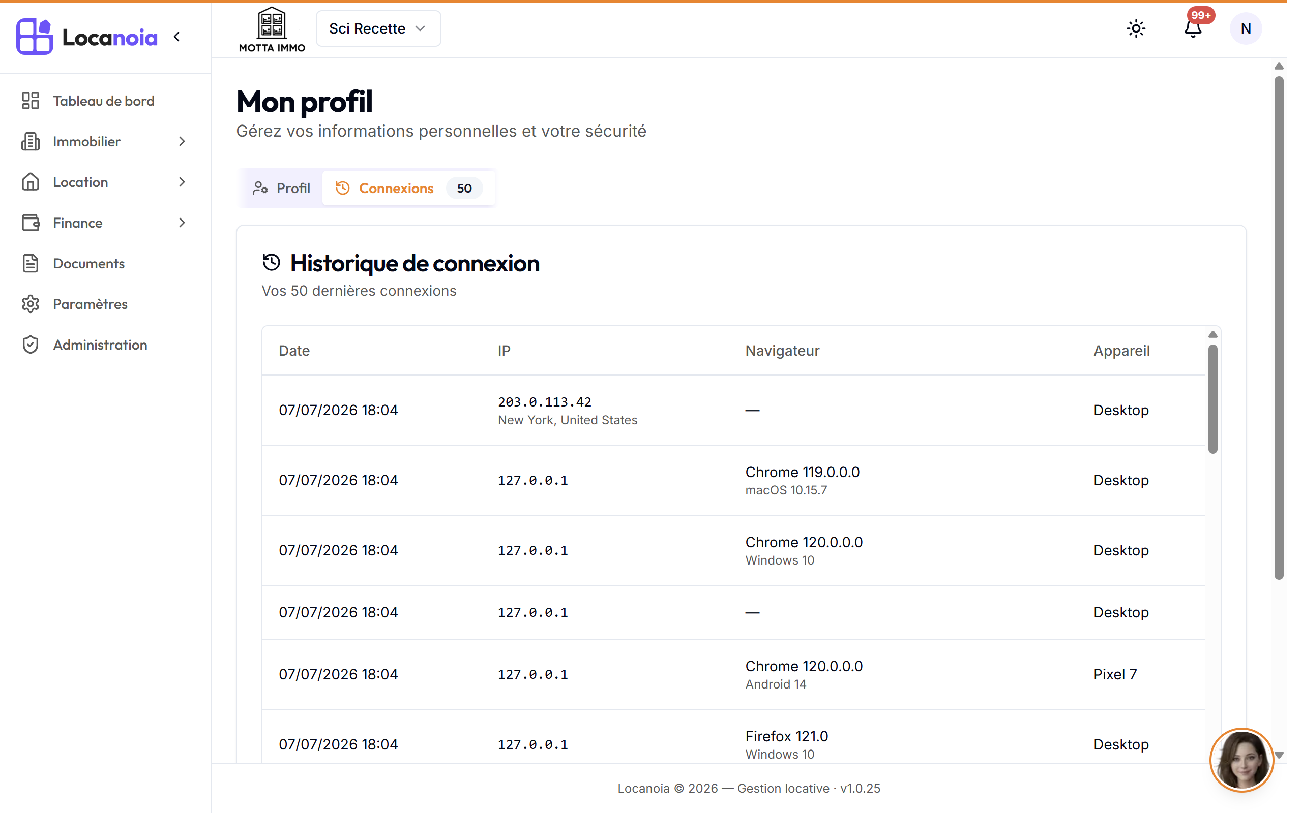 Historique de connexion dans le profil