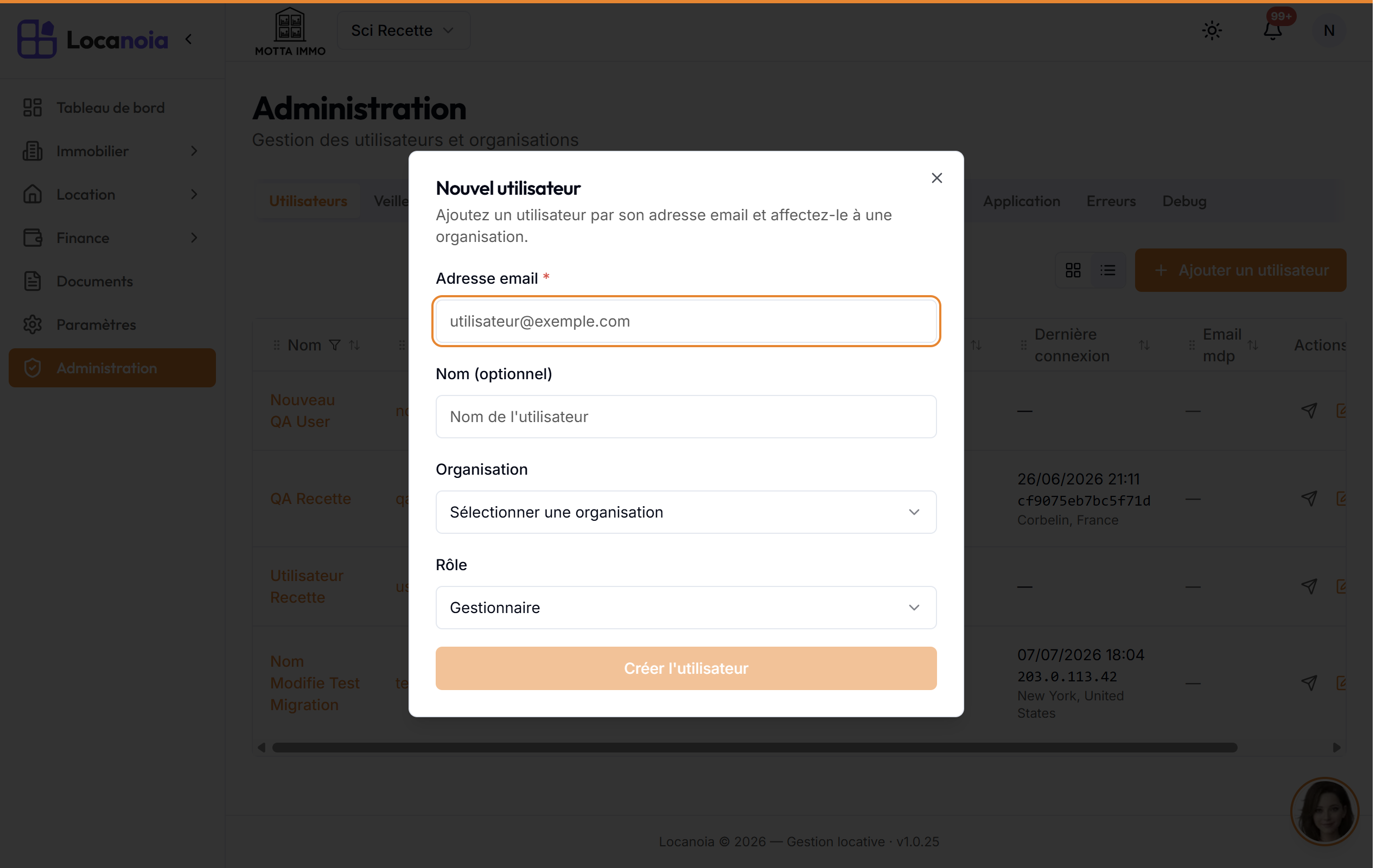 Fenêtre de création d'un nouvel utilisateur