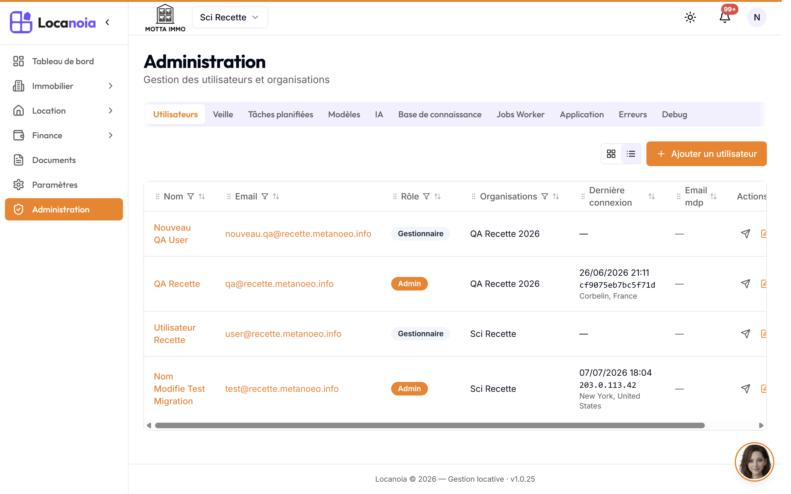 Liste des utilisateurs dans l'administration