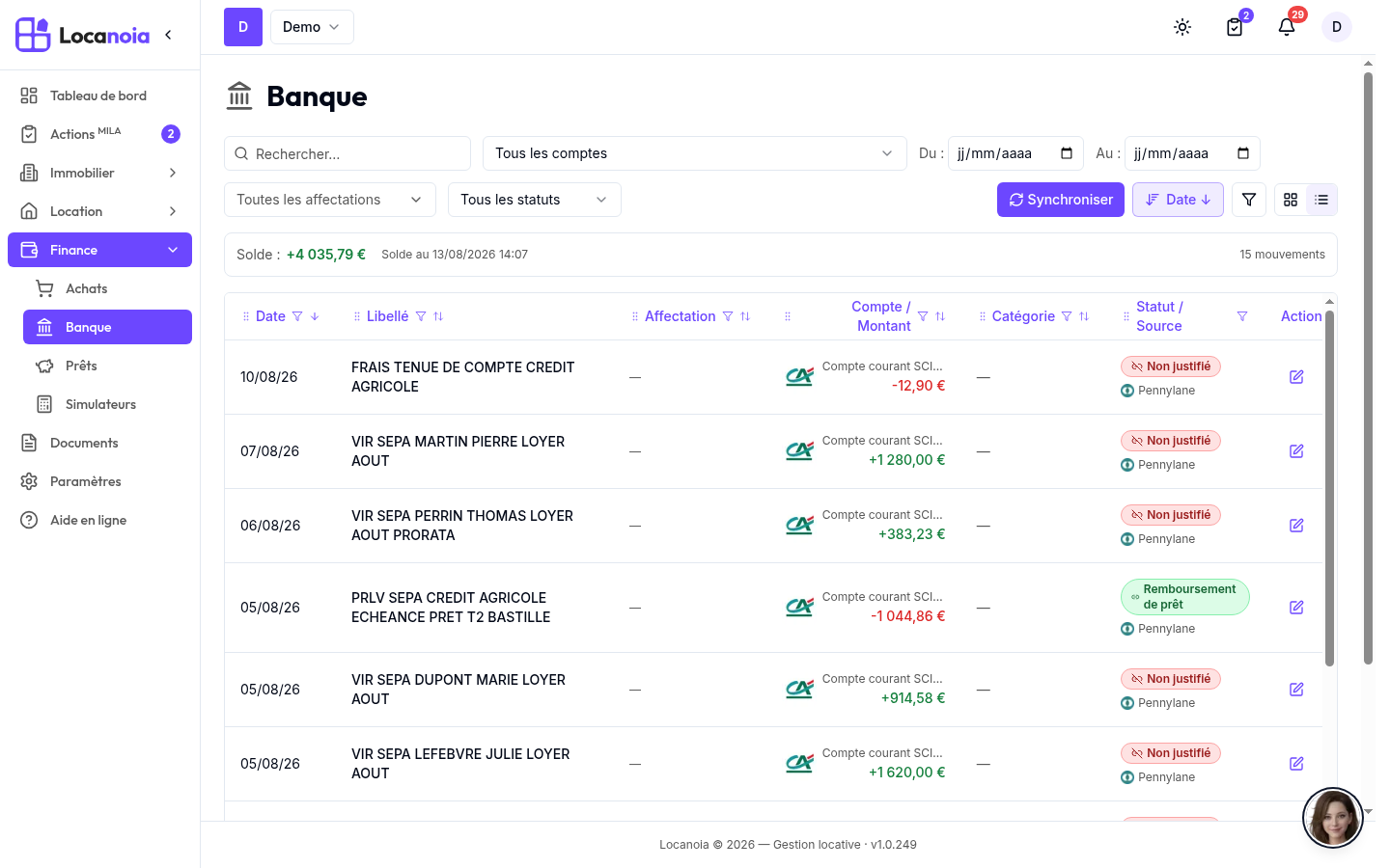 Page Banque : liste des mouvements avec des statuts Non justifié, Loyer, Achat et Remboursement de prêt