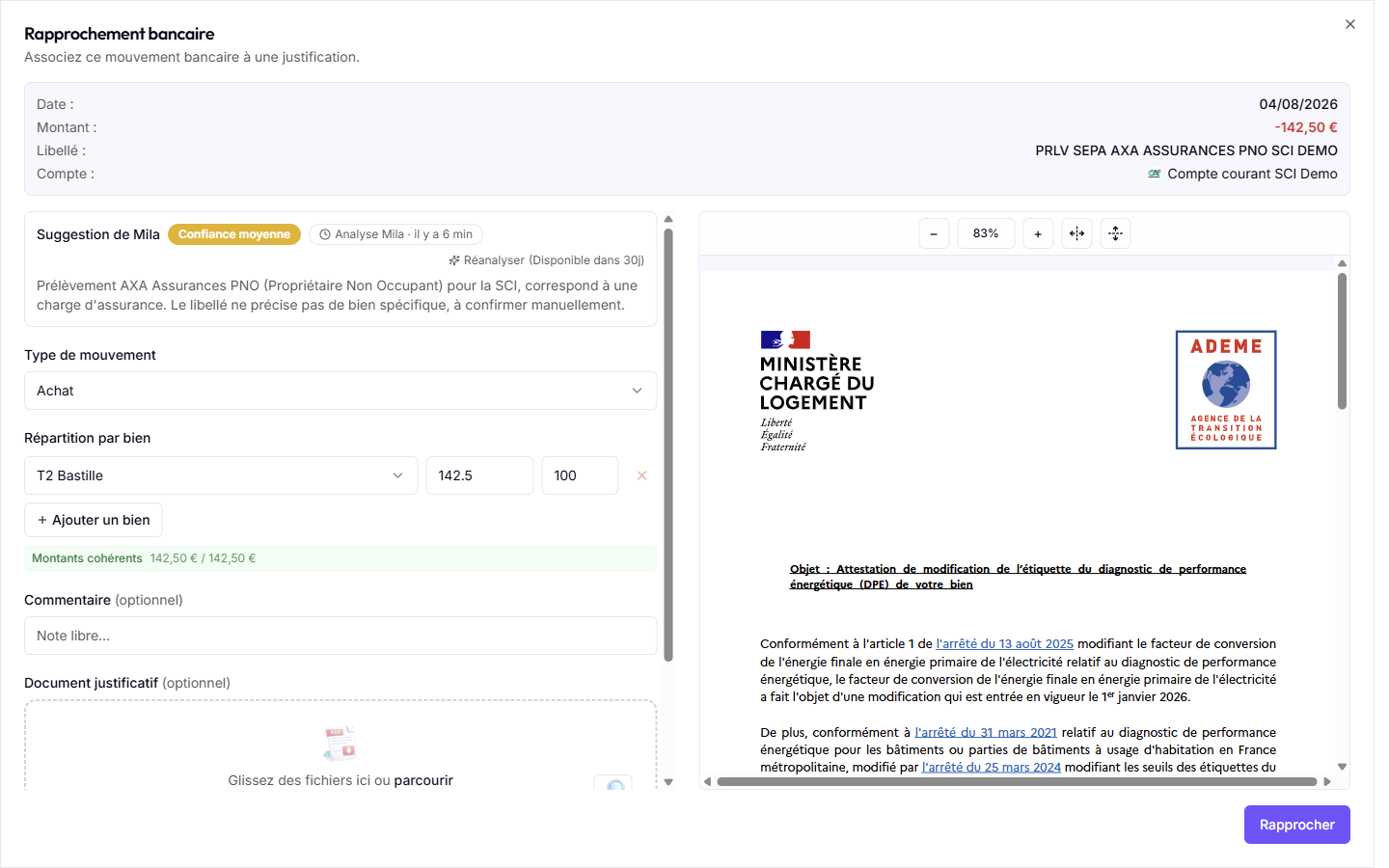 Document justificatif ajouté pendant le rapprochement : aperçu à droite, montants cohérents en vert