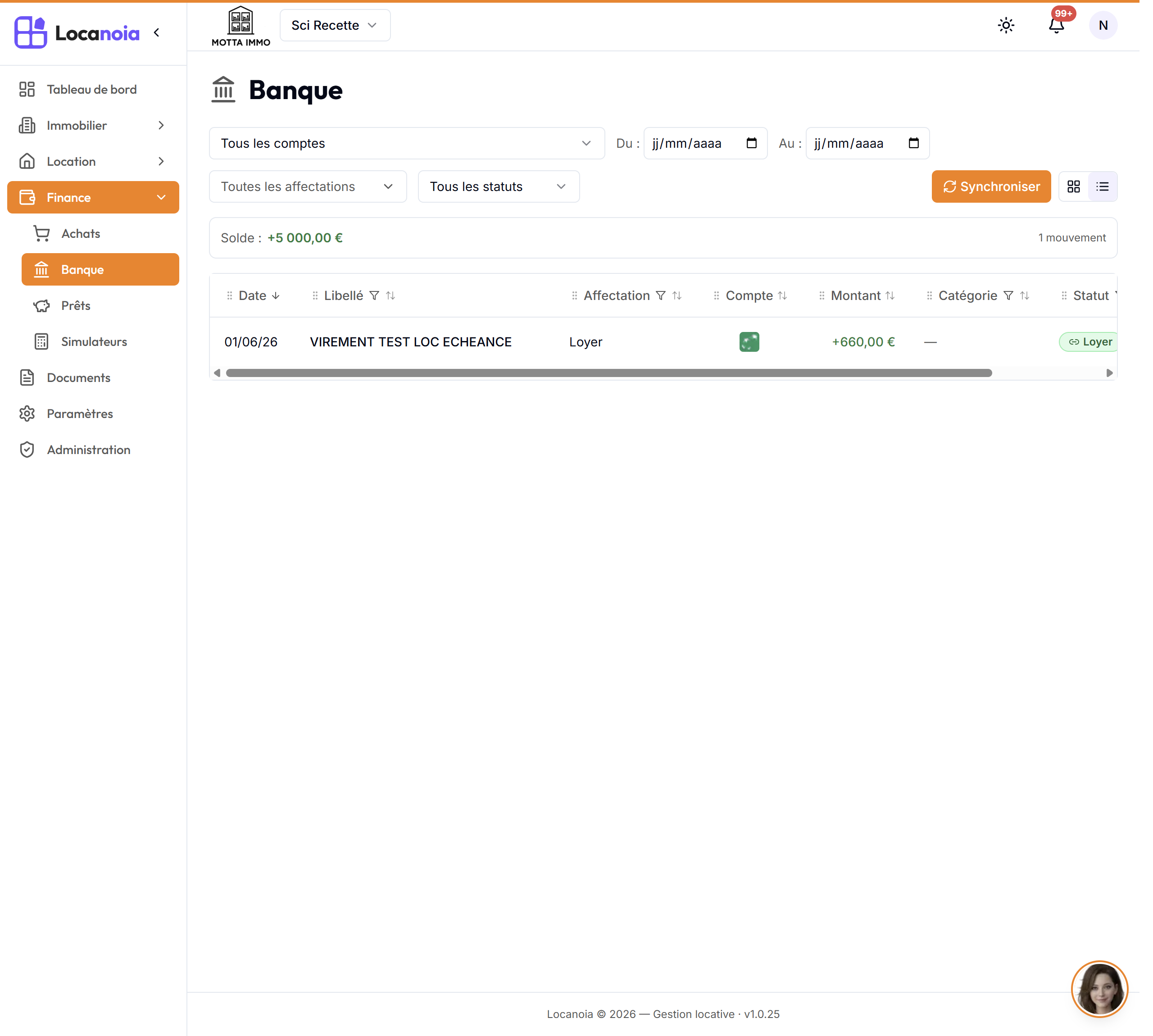 Page Banque avec la liste des mouvements