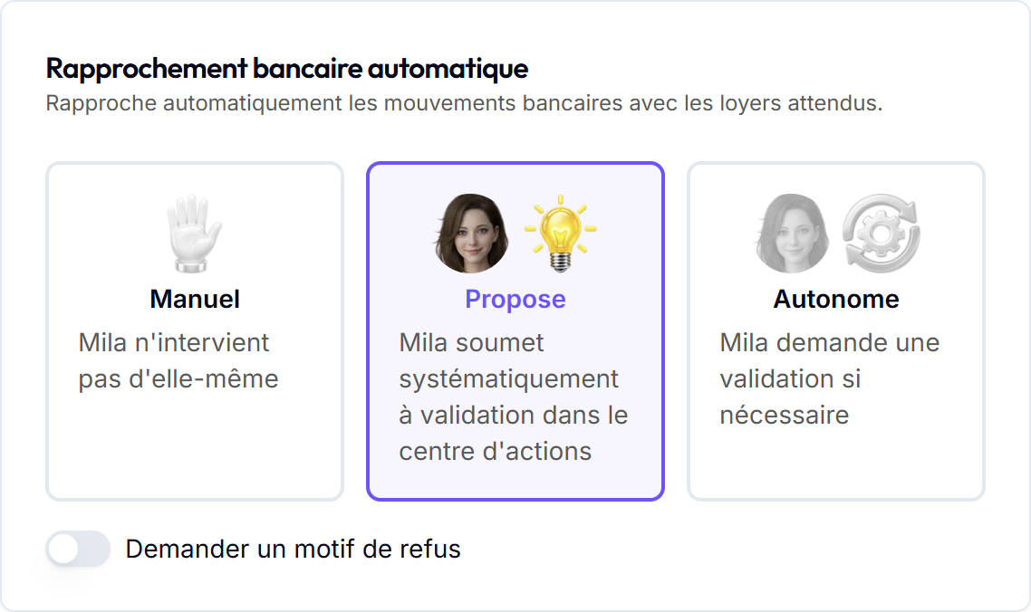 Carte « Rapprochement bancaire automatique » dans Paramètres, onglet Mila, niveau Propose sélectionné