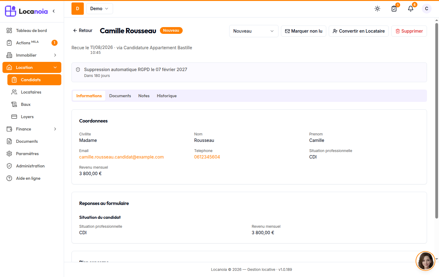 Fiche candidature, onglet Informations, avec le sélecteur de statut et les boutons d'action de l'en-tête