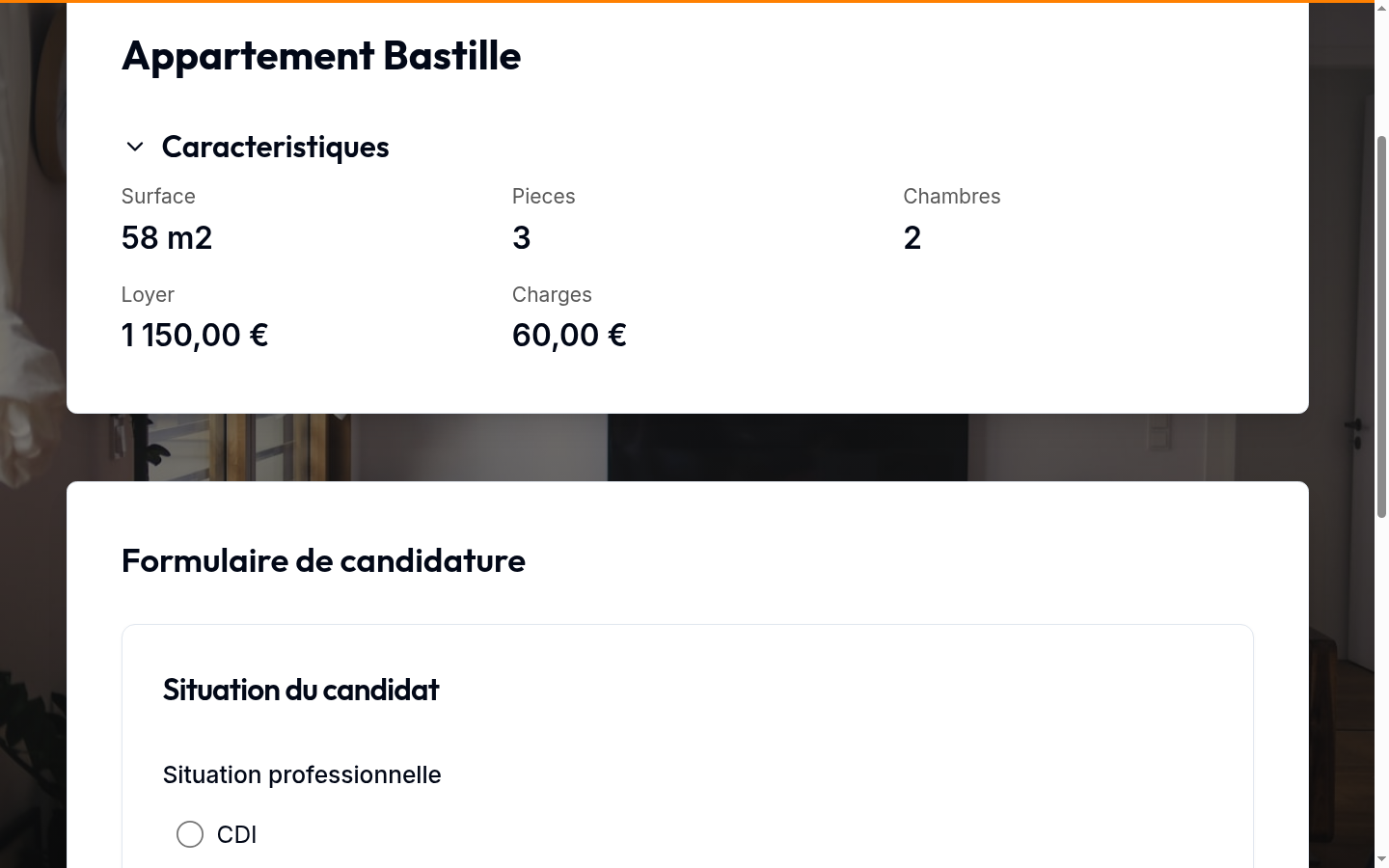 Page publique d'une annonce vue par un candidat : caractéristiques du bien puis début du formulaire de candidature, en marque blanche