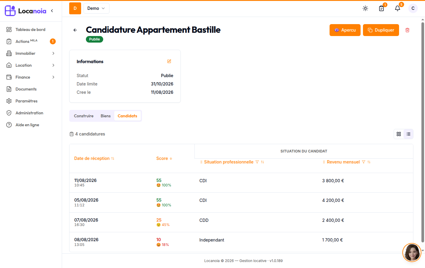 Onglet Candidats d'un formulaire avec plusieurs candidatures, sur-titre de section visible et colonne Score en tête, triée du meilleur au moins bon score