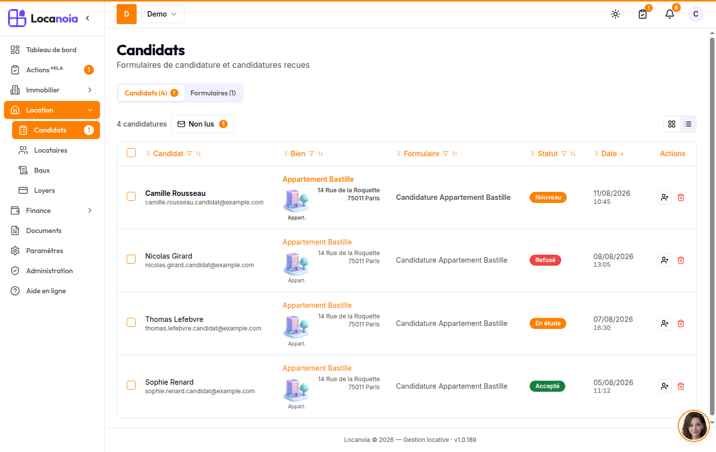 Liste des candidatures avec le badge du menu Candidats, une ligne non lue en gras et le bouton « Non lus » avec compteur