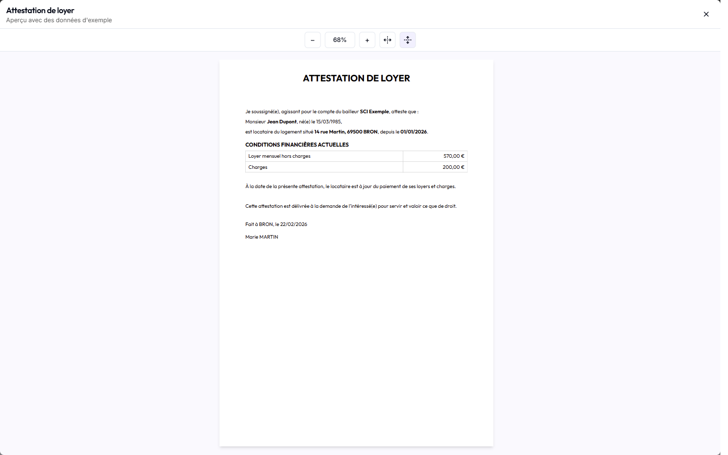 Aperçu plein écran d'un document PDF, avec la barre de zoom en haut et la croix de fermeture