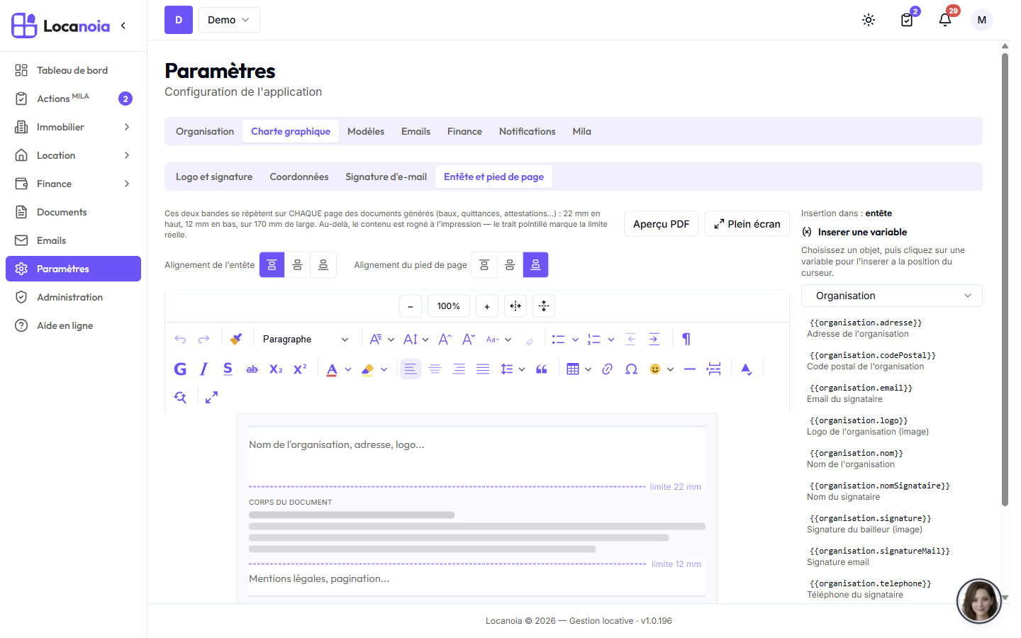 Carte Entête et pied de page des documents avec les deux zones remplies et le panneau de variables