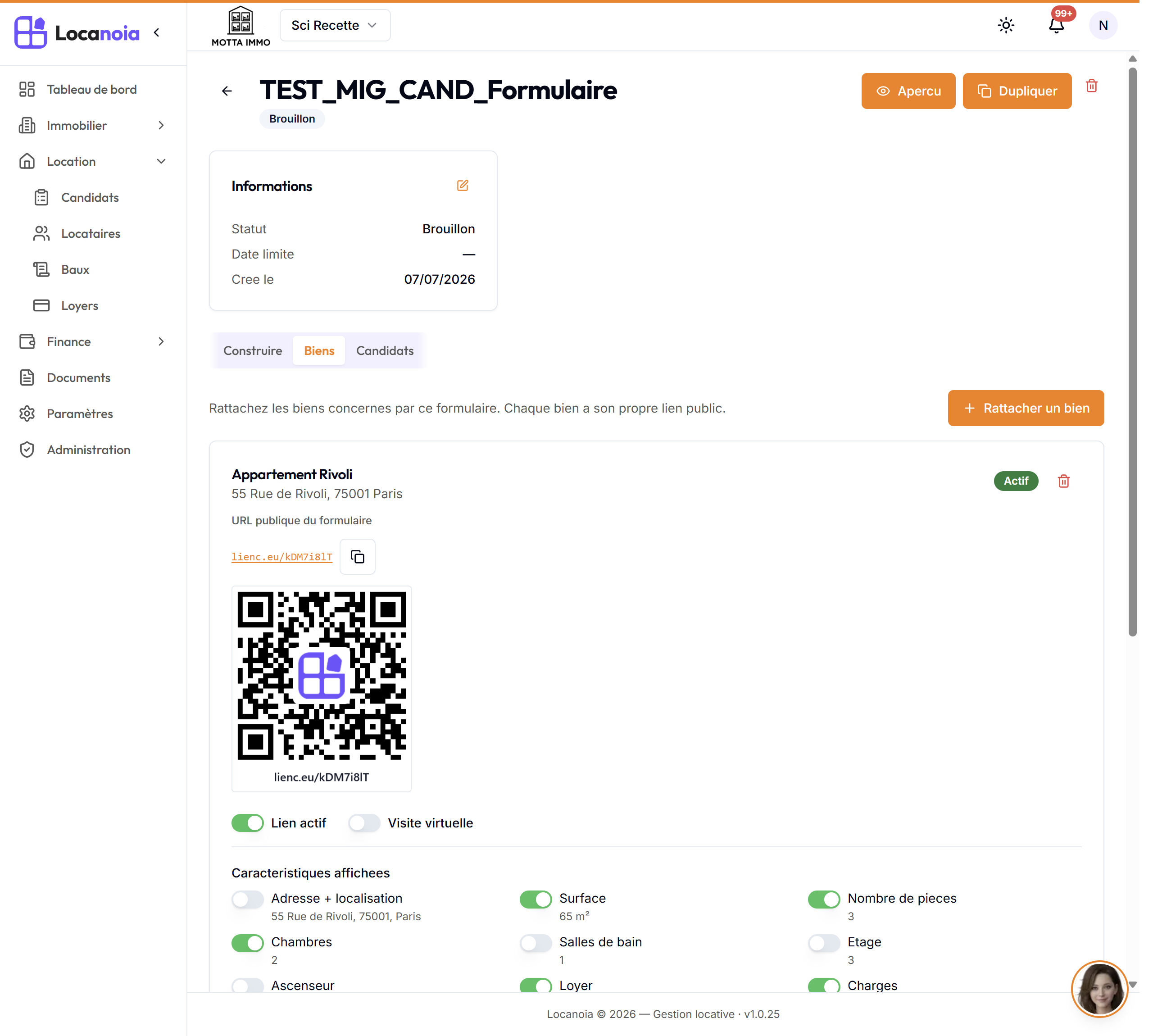 La carte d'un bien avec le lien court et le QR code