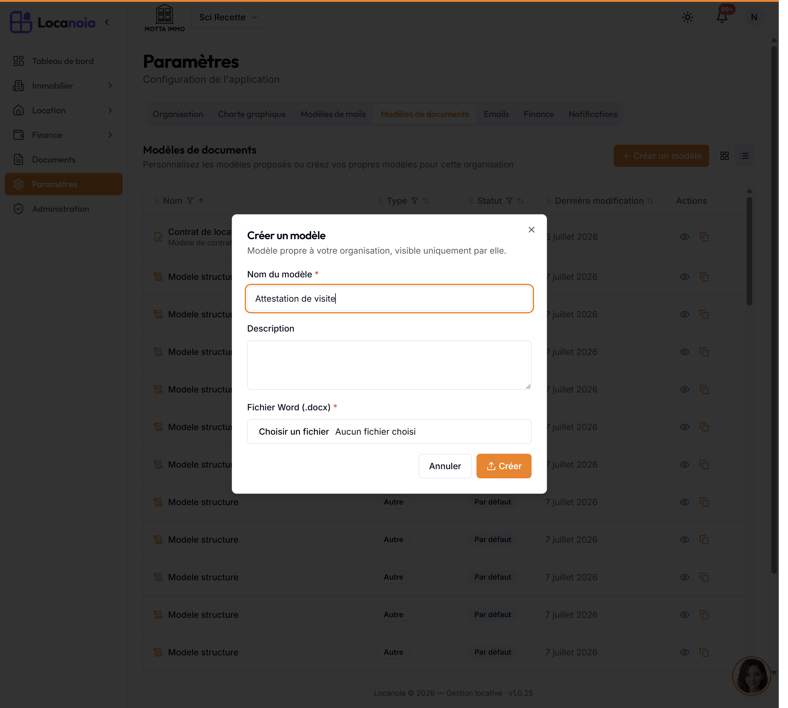 La fenêtre de création d'un modèle avec le fichier Word sélectionné