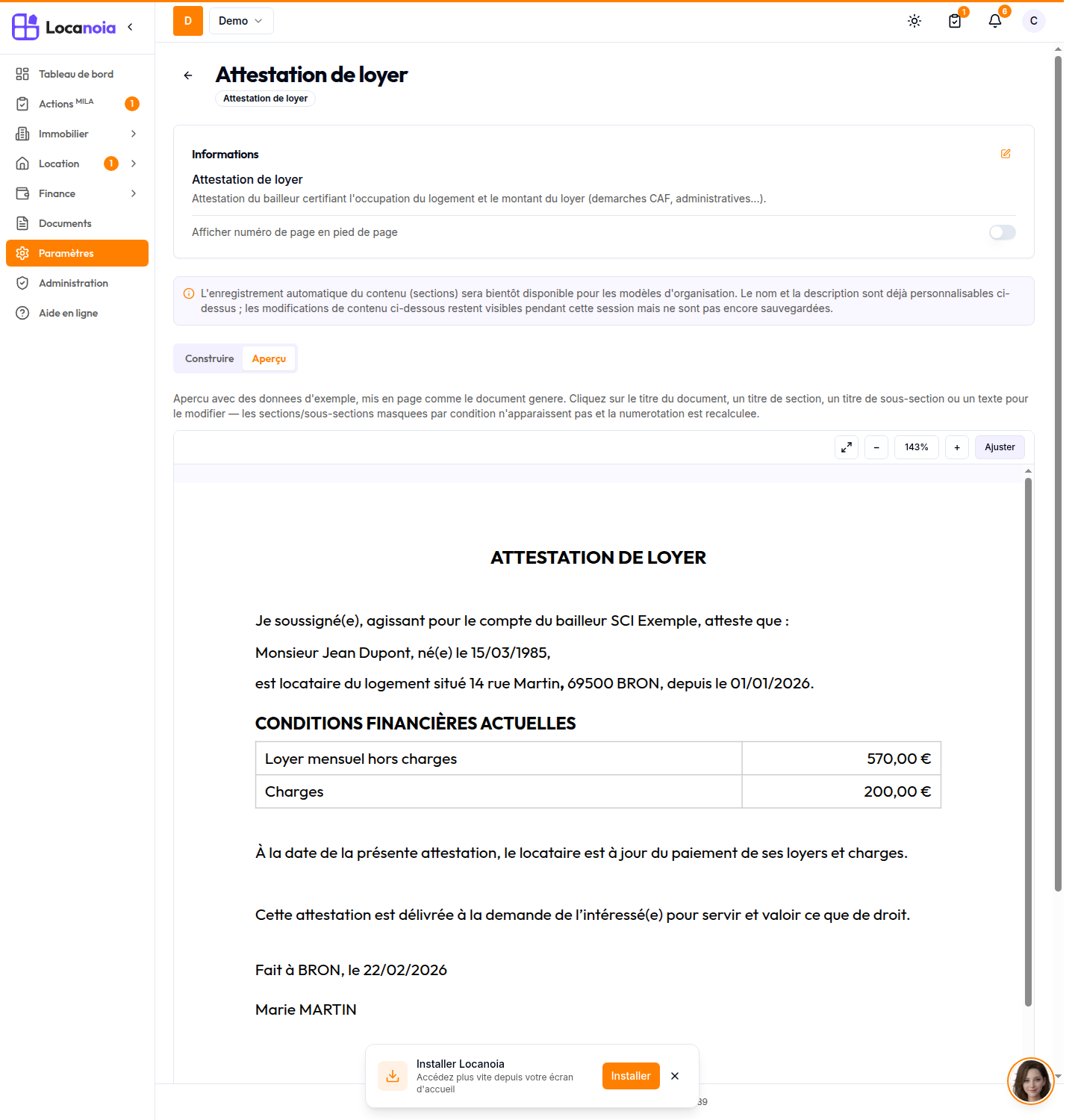 L'aperçu PDF d'un modèle