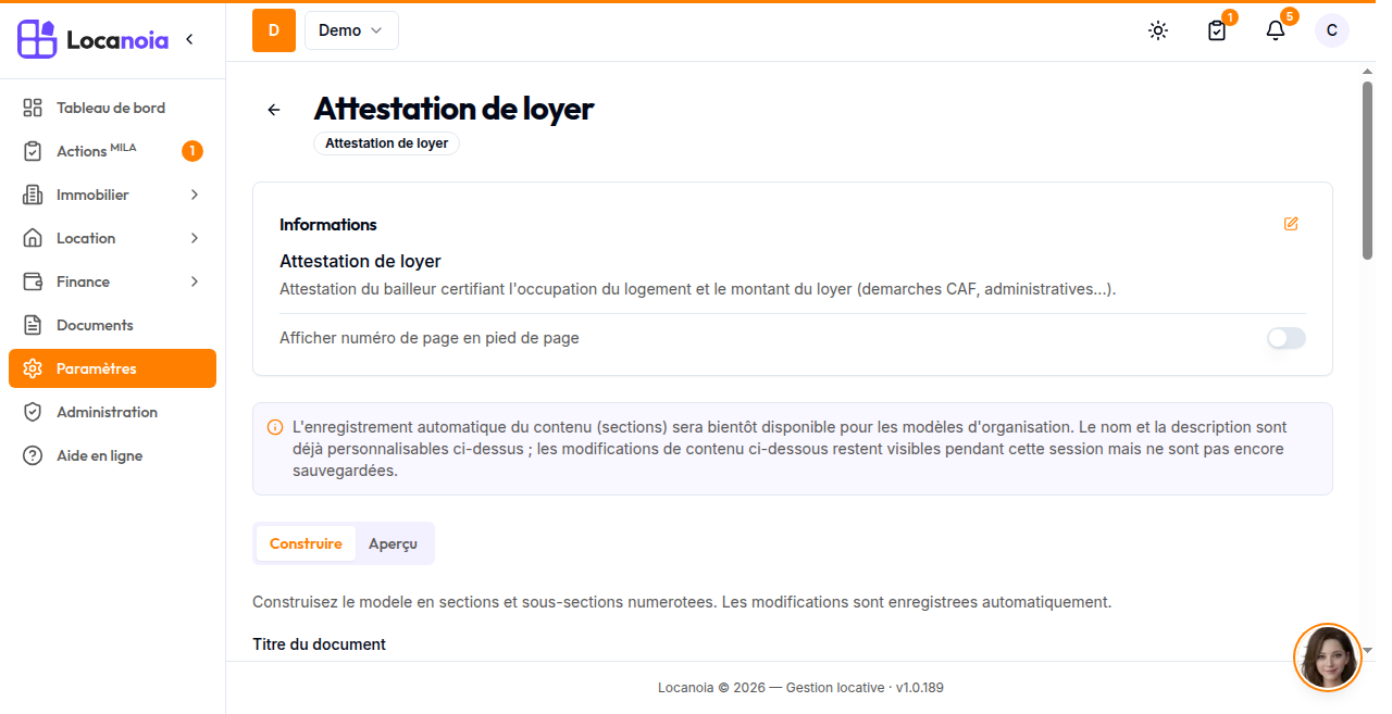 Fiche d'un modèle de document personnalisé, onglet Construire, avec le bandeau d'information sur la persistance du contenu et le toggle « Afficher numéro de page en pied de page »