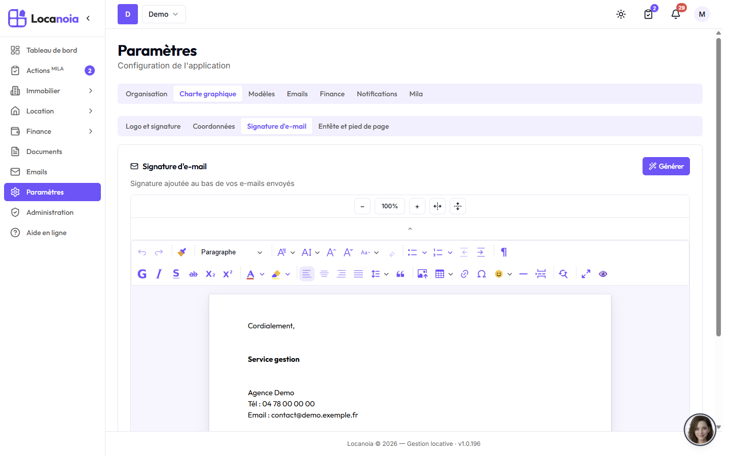 Paramètres > Charte graphique > Signature d'e-mail : bouton Générer, éditeur enrichi avec la signature du bailleur et ses coordonnées