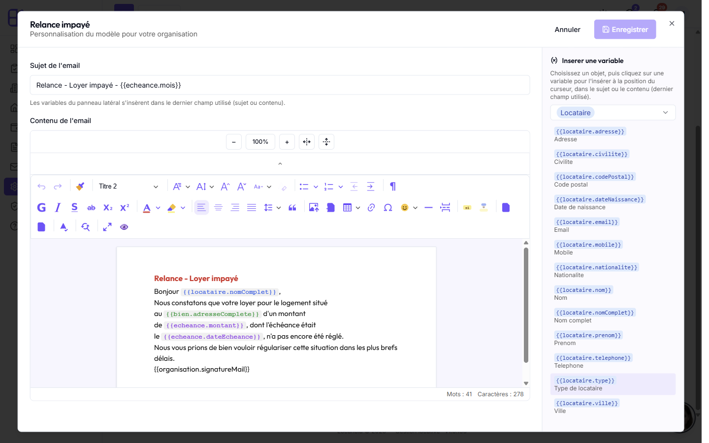 Panneau « Insérer une variable » d'une sous-section de modèle de document, objet Locataire sélectionné