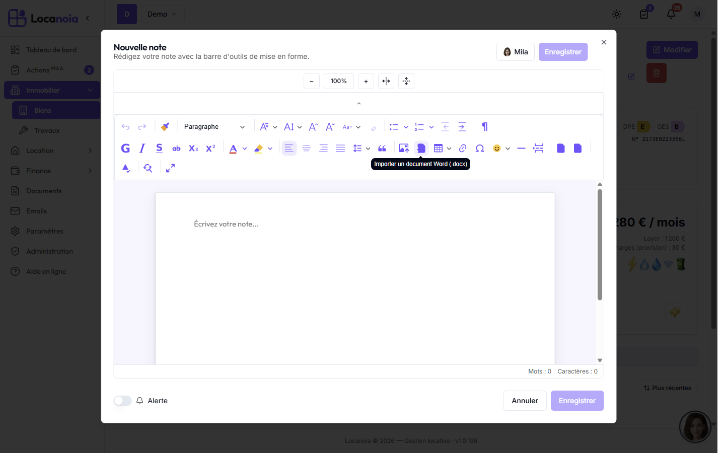 Barre d'outils de l'éditeur avec le bouton « Importer un document Word (.docx) » mis en évidence