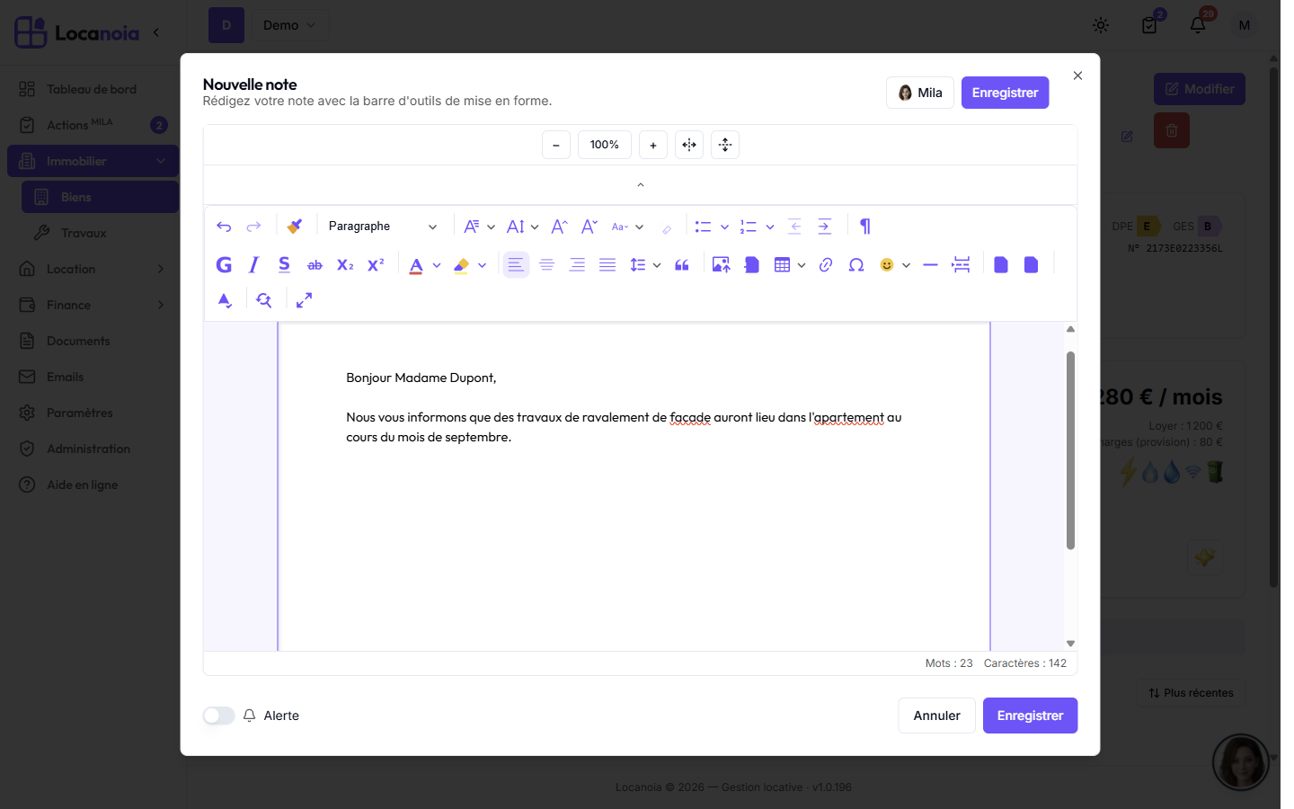 Éditeur de texte enrichi ouvert dans une note, avec sa barre d'outils complète (structure, mise en forme, insertion, correcteur avancé, recherche, plein écran)