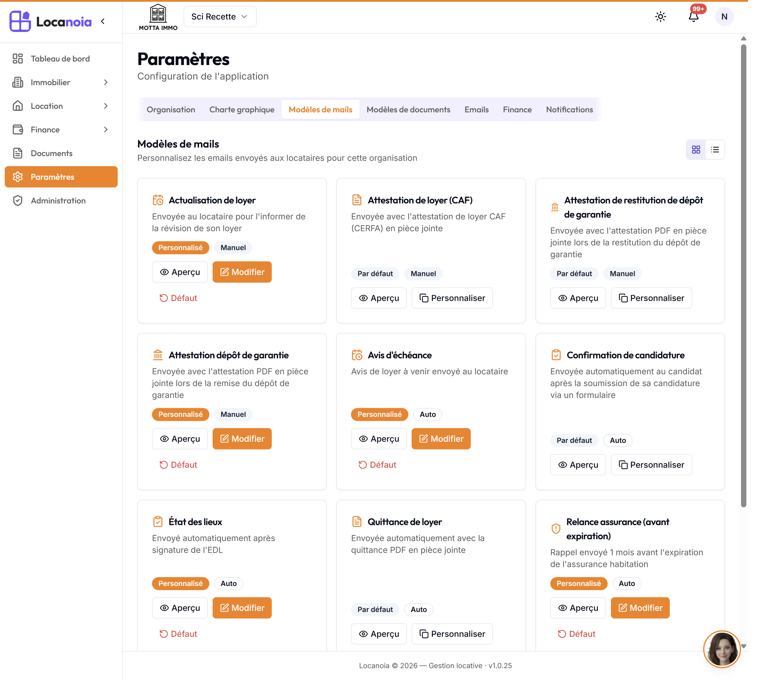 Liste des modèles de mails