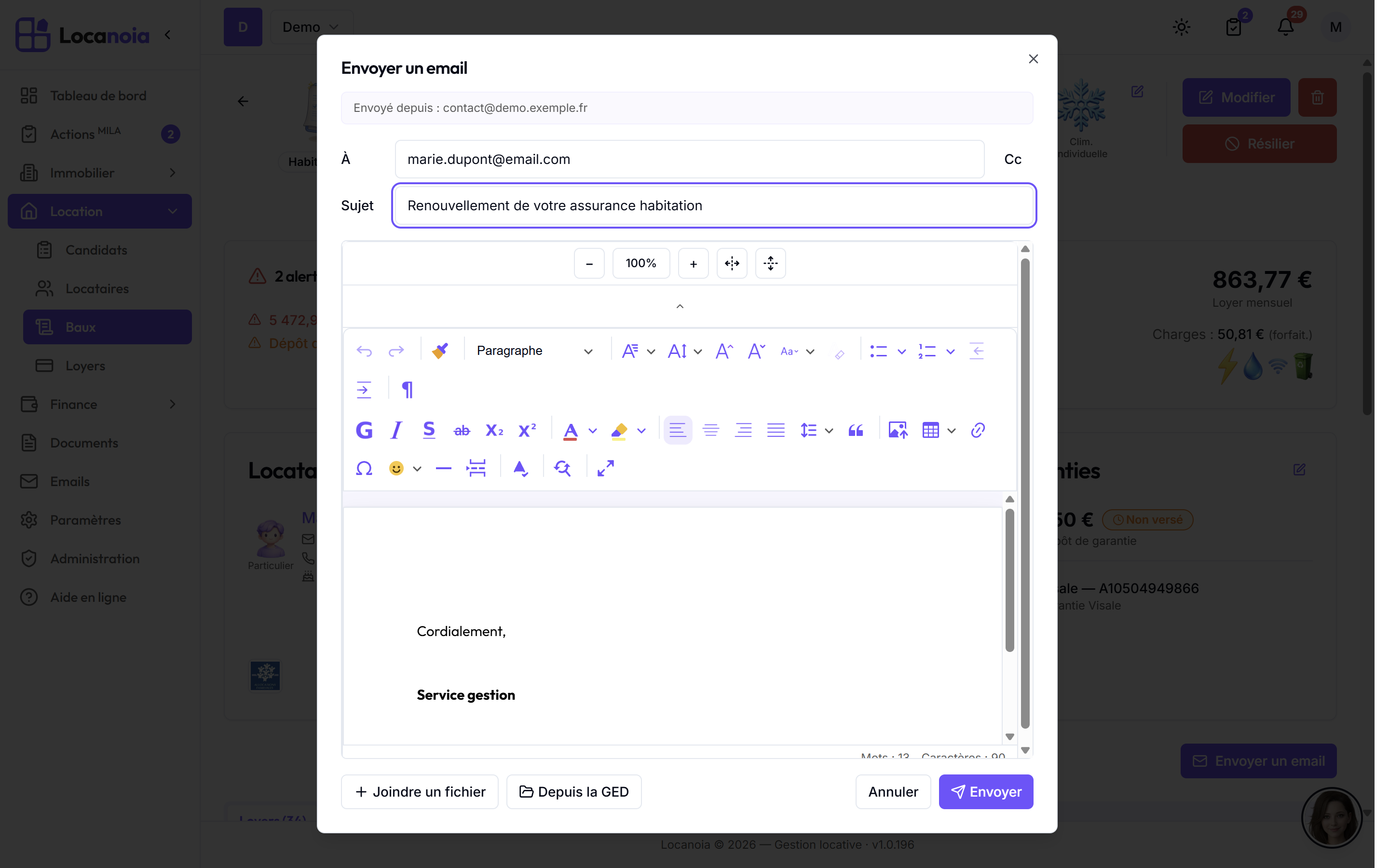 Fenêtre Nouveau message complète : champs À/Cc/Sujet, éditeur avec signature pré-insérée, boutons Joindre un fichier, Depuis la GED et Envoyer