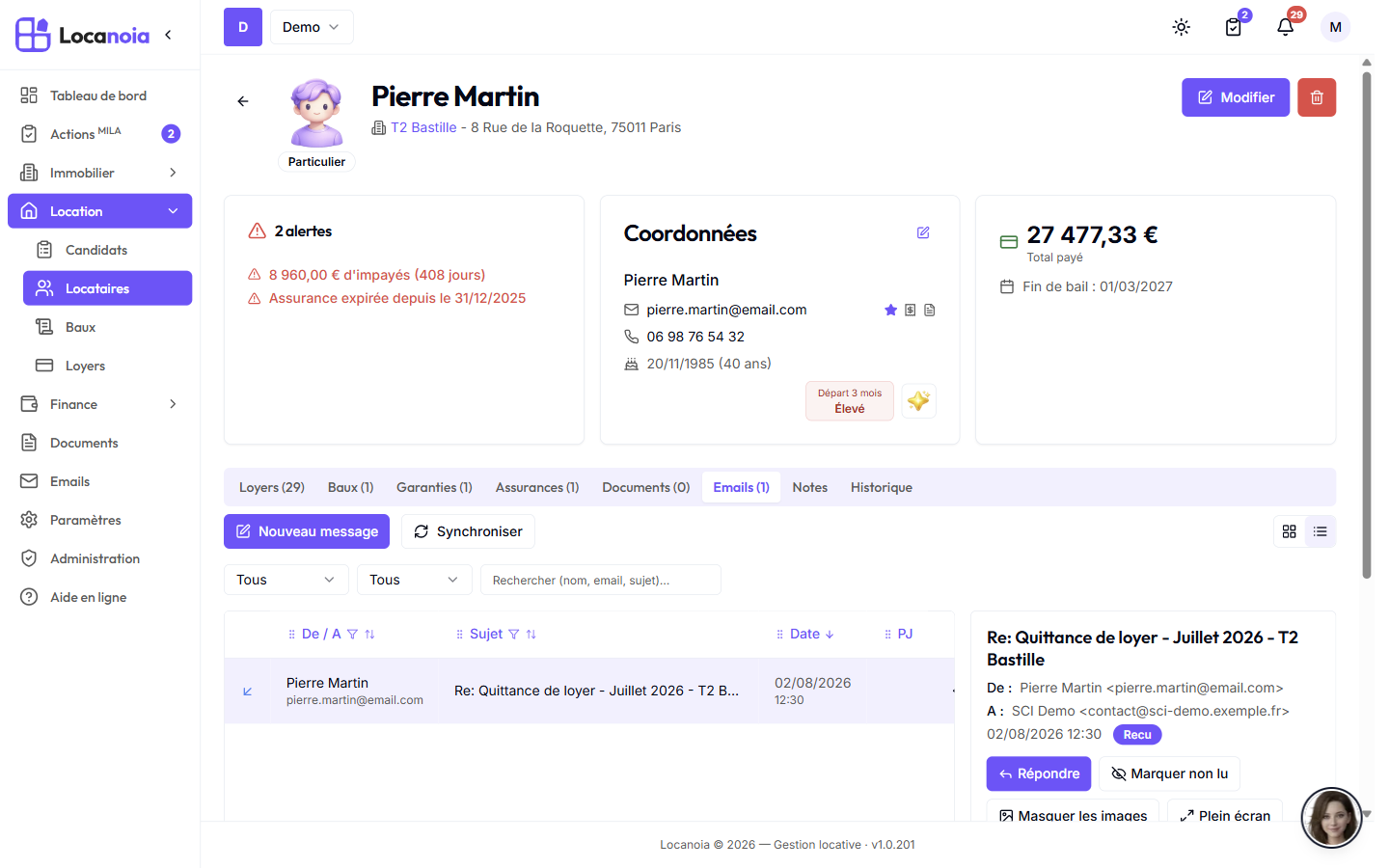 Onglet Emails d'une fiche locataire avec le bouton Nouveau message en en-tête et un bouton Répondre sur un email reçu