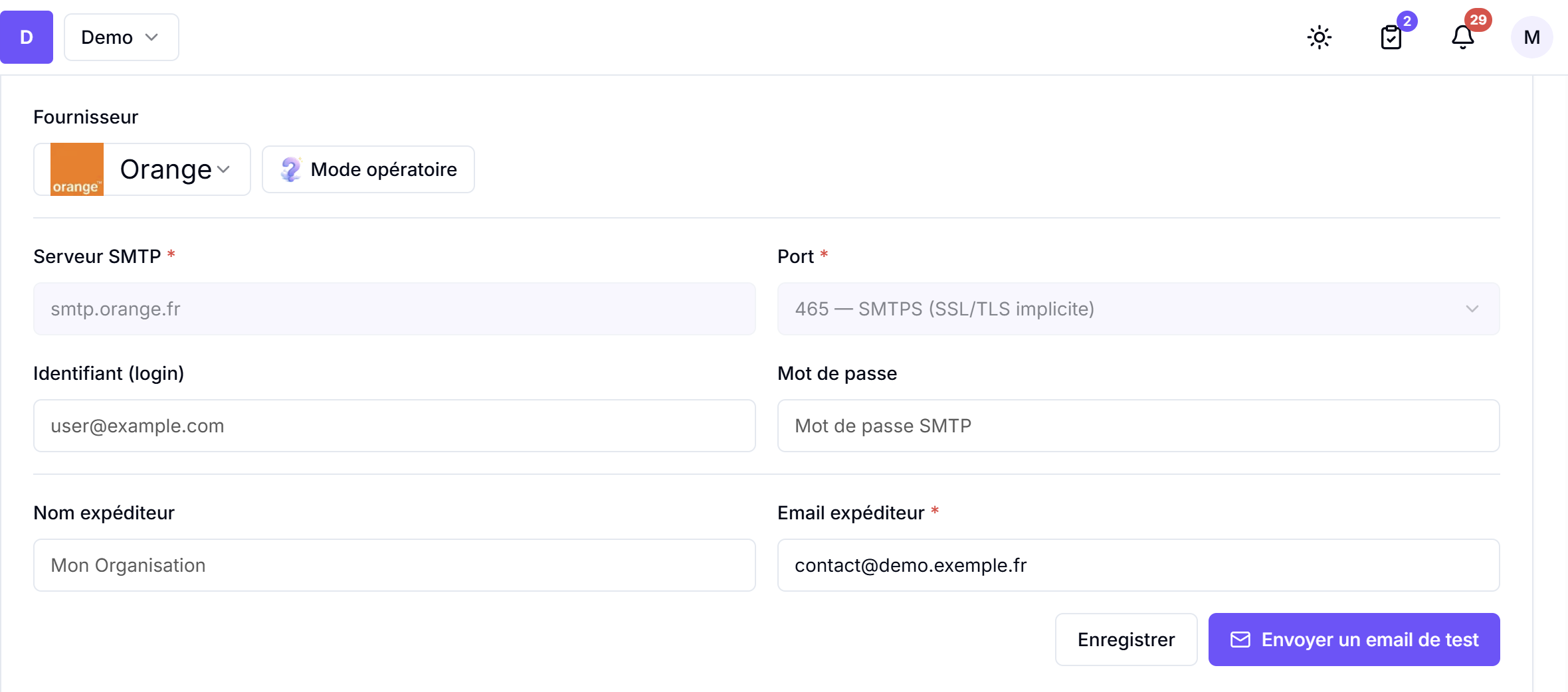 Configuration SMTP pour un fournisseur comme Orange : serveur, port, identifiant, mot de passe, nom et email expéditeur