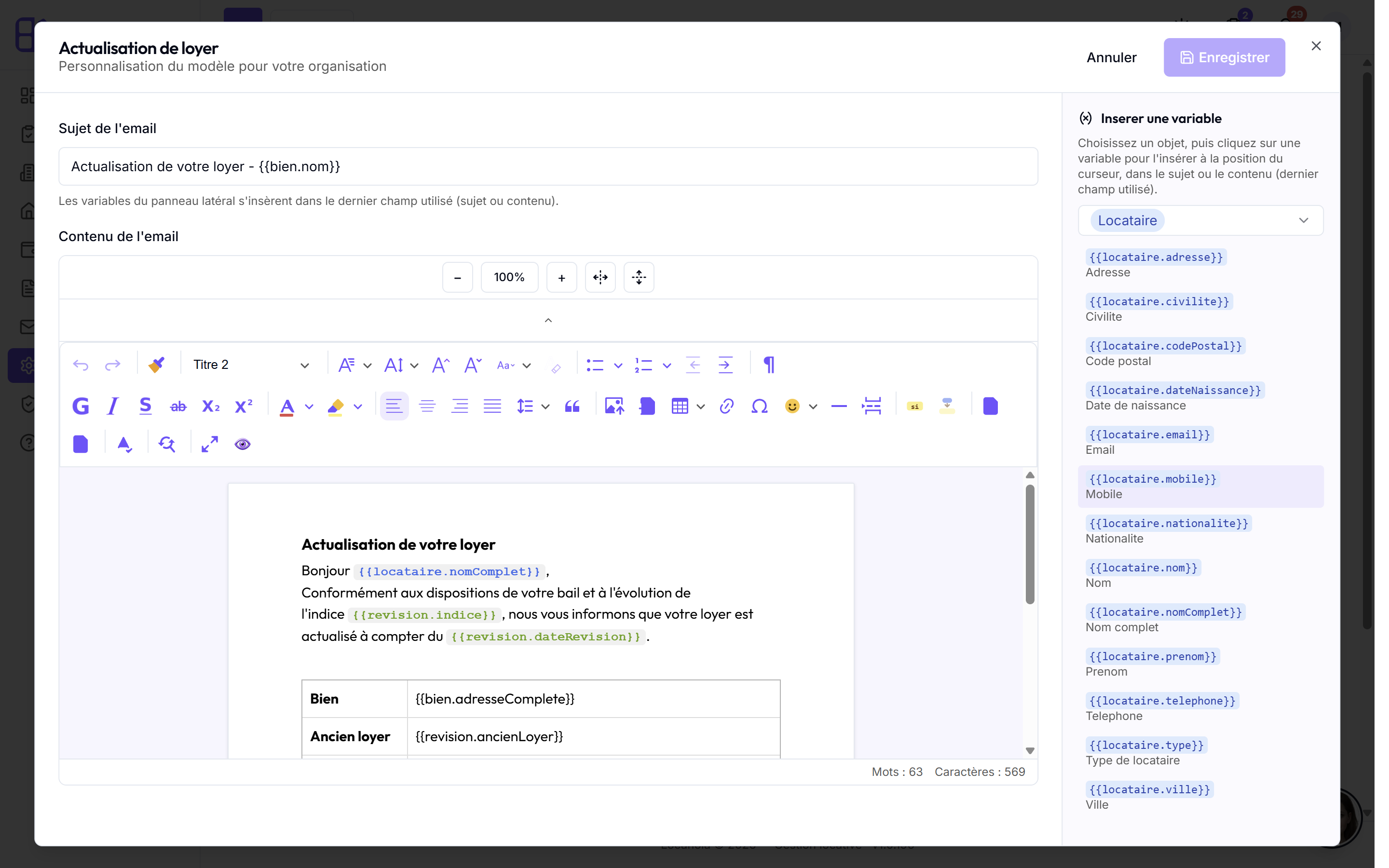 Éditeur de modèle de mail avec le panneau de variables
