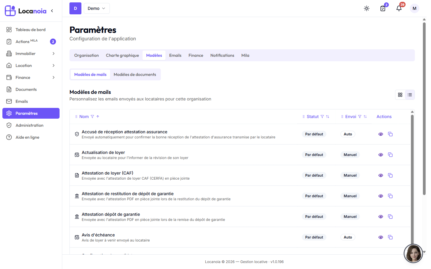 Liste des modèles de mails