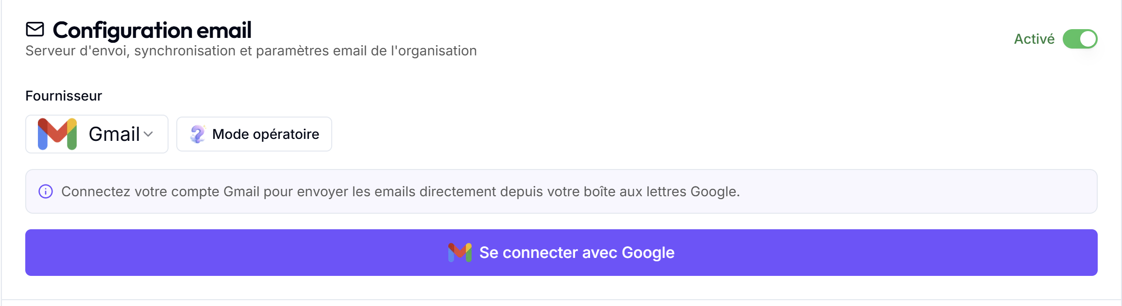 Onglet Emails des paramètres avec la carte Configuration email