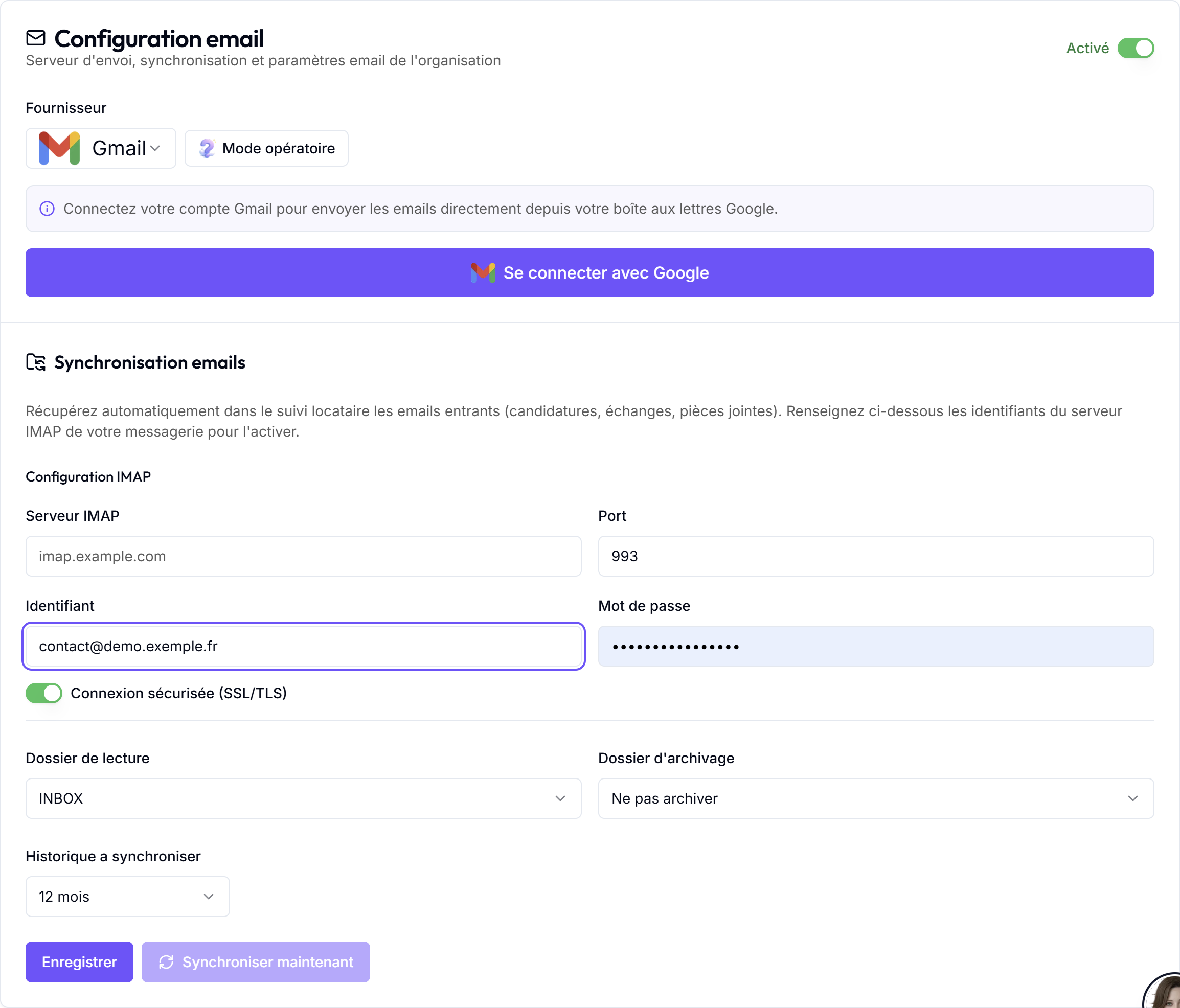 Section Synchronisation emails : configuration IMAP, dossier de lecture, dossier d'archivage et historique à synchroniser