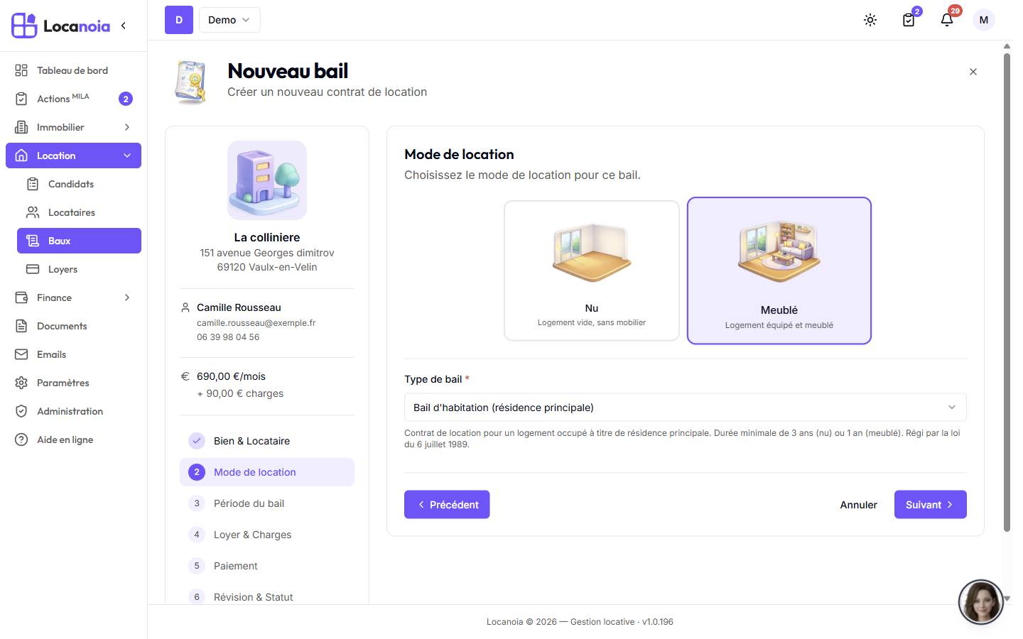 Étape Mode de location : choix Nu/Meublé et sélection du type de bail avec sa description