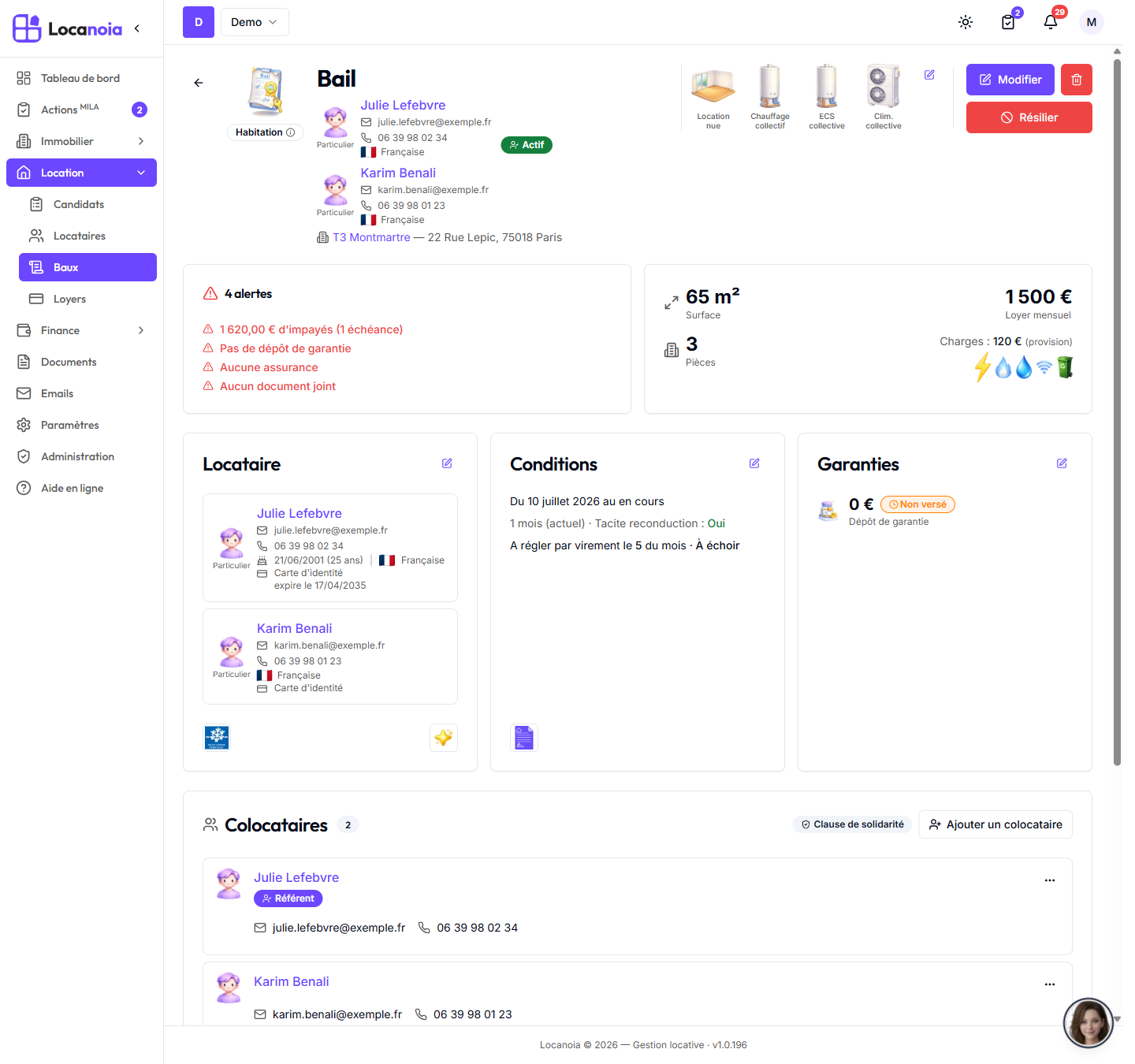 Fiche d'un bail en colocation : deux locataires sur la carte Locataire, bloc Colocataires avec badge Référent et badge Clause de solidarité