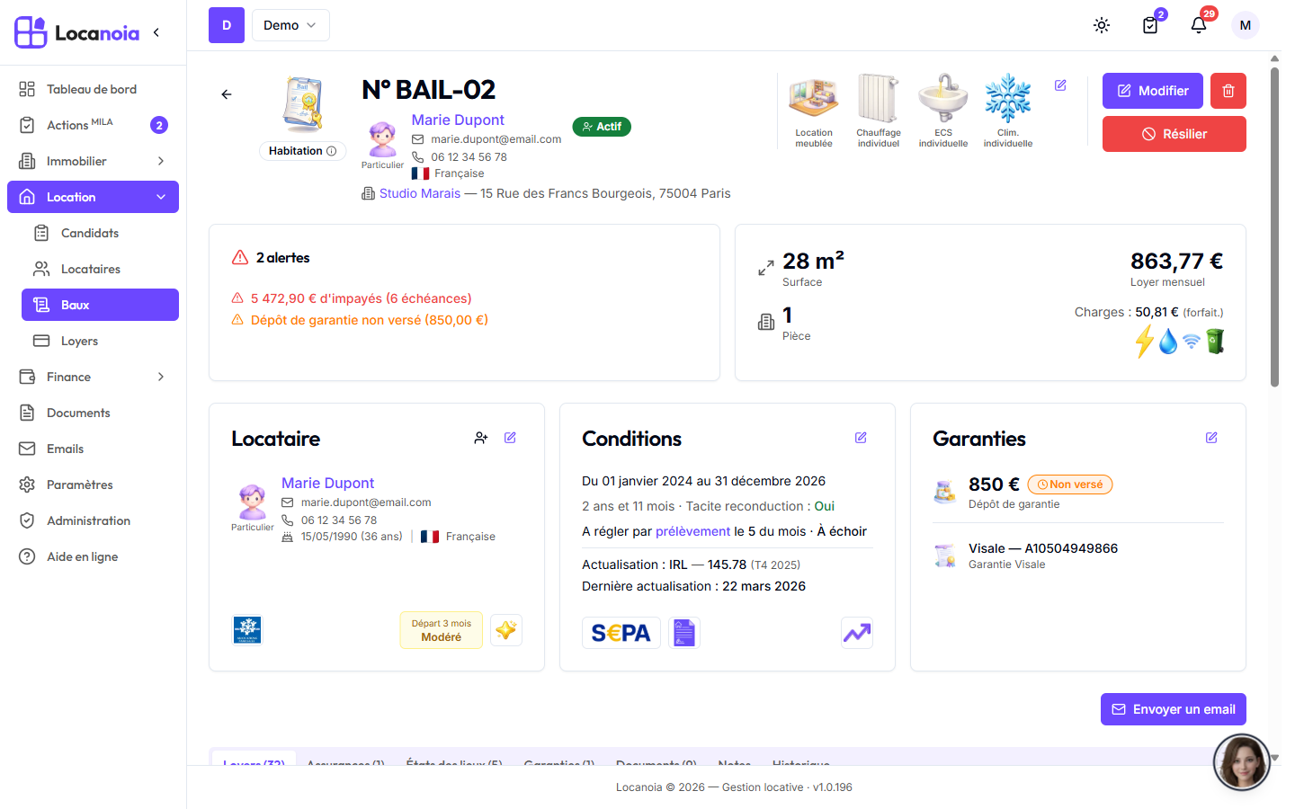 Fiche d'un bail actif : carte Conditions avec les boutons Rédiger le contrat de location et Mandat SEPA en pied de carte