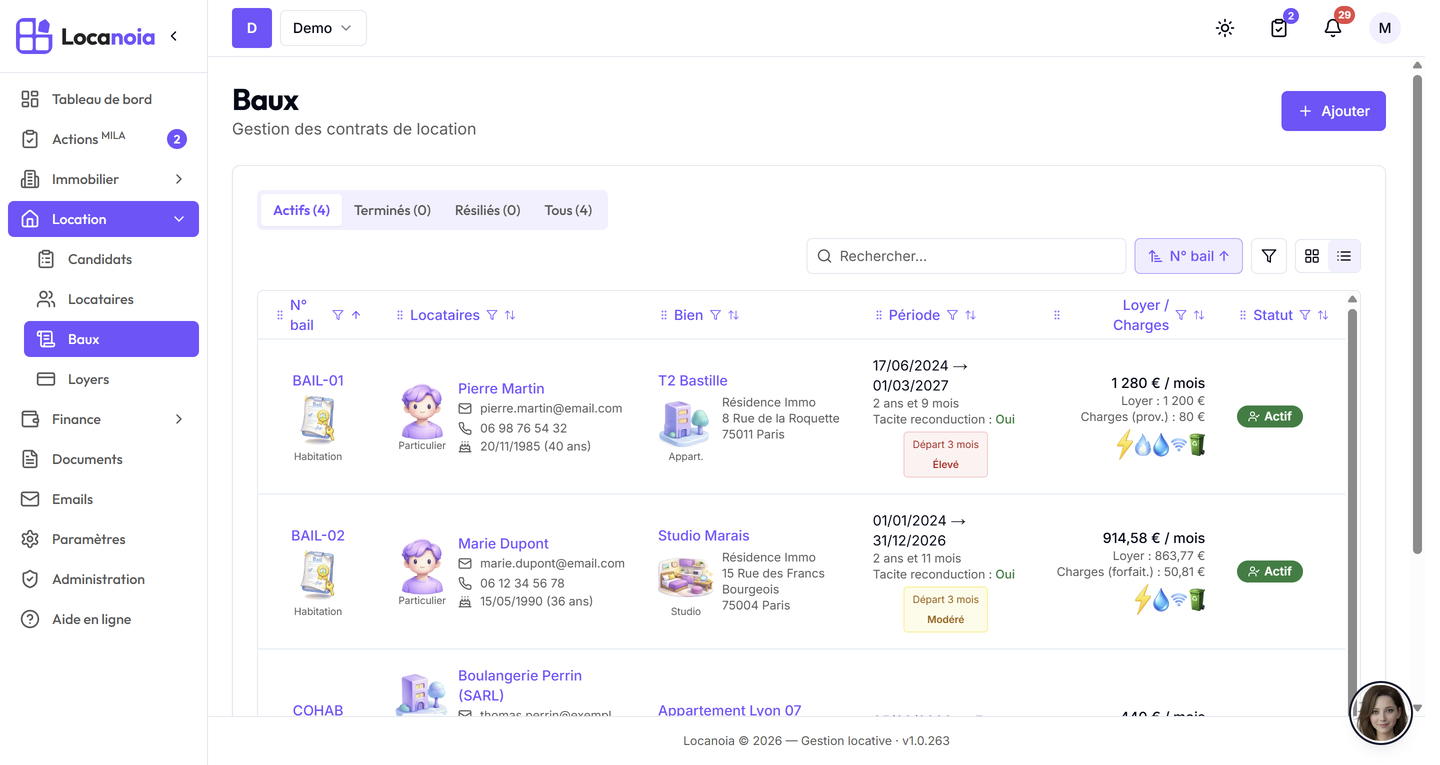 Page Baux en vue tableau, onglets Actifs/Terminés/Résiliés/Tous avec compteurs et lignes avec badges de statut