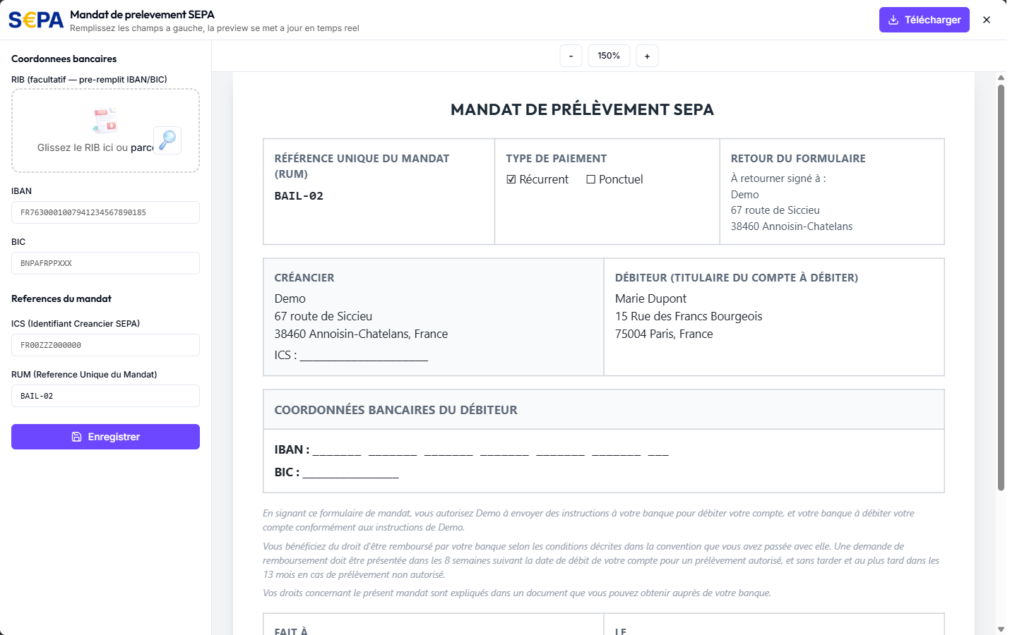 Écran plein page du mandat de prélèvement SEPA, formulaire à gauche et aperçu du document à droite