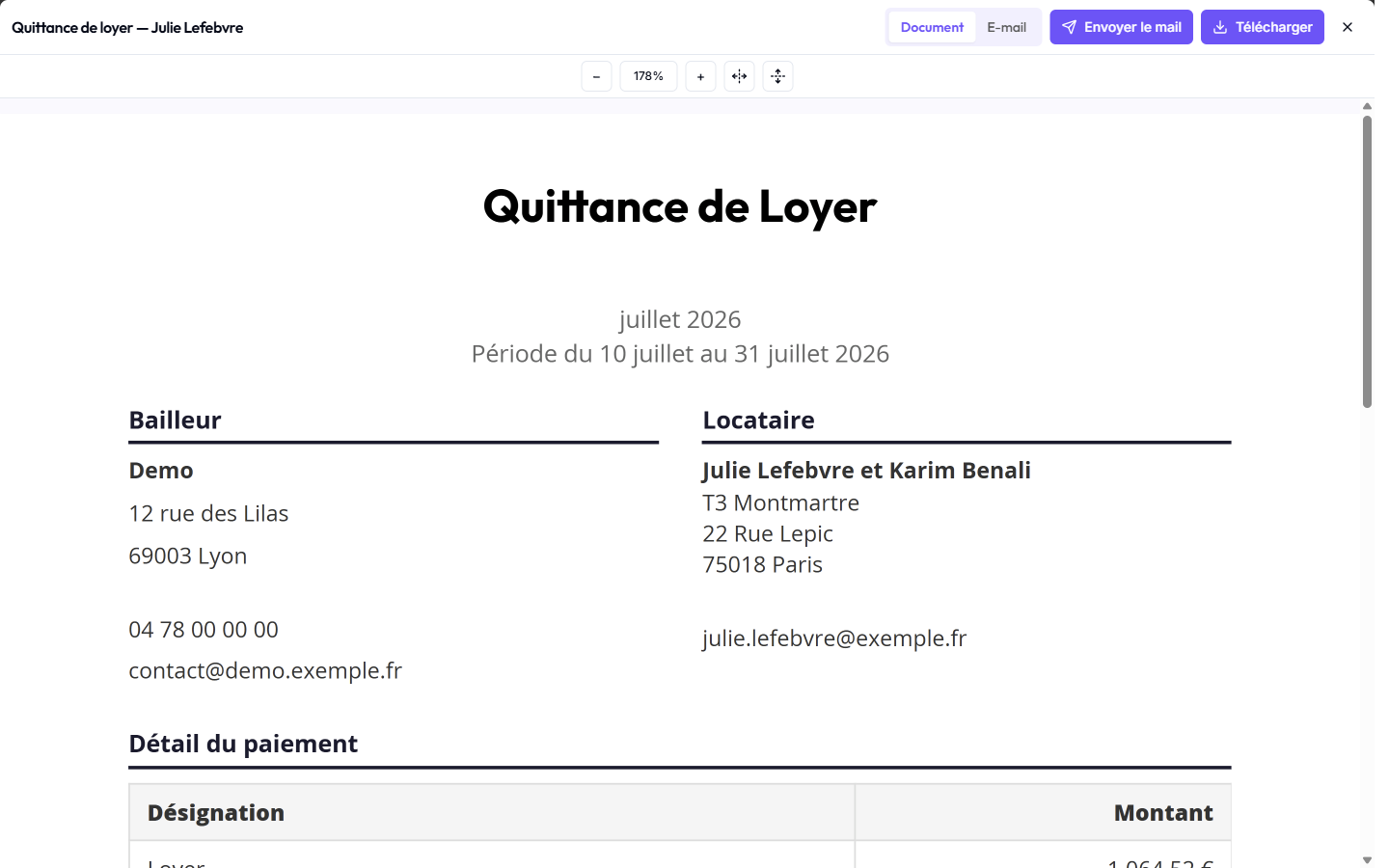 L'aperçu de la quittance de loyer avant envoi