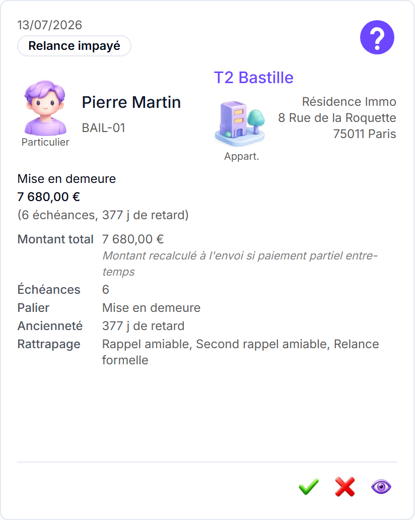 Une carte « Relance impayé » du centre d'actions, avec montant total, échéances, palier et ancienneté