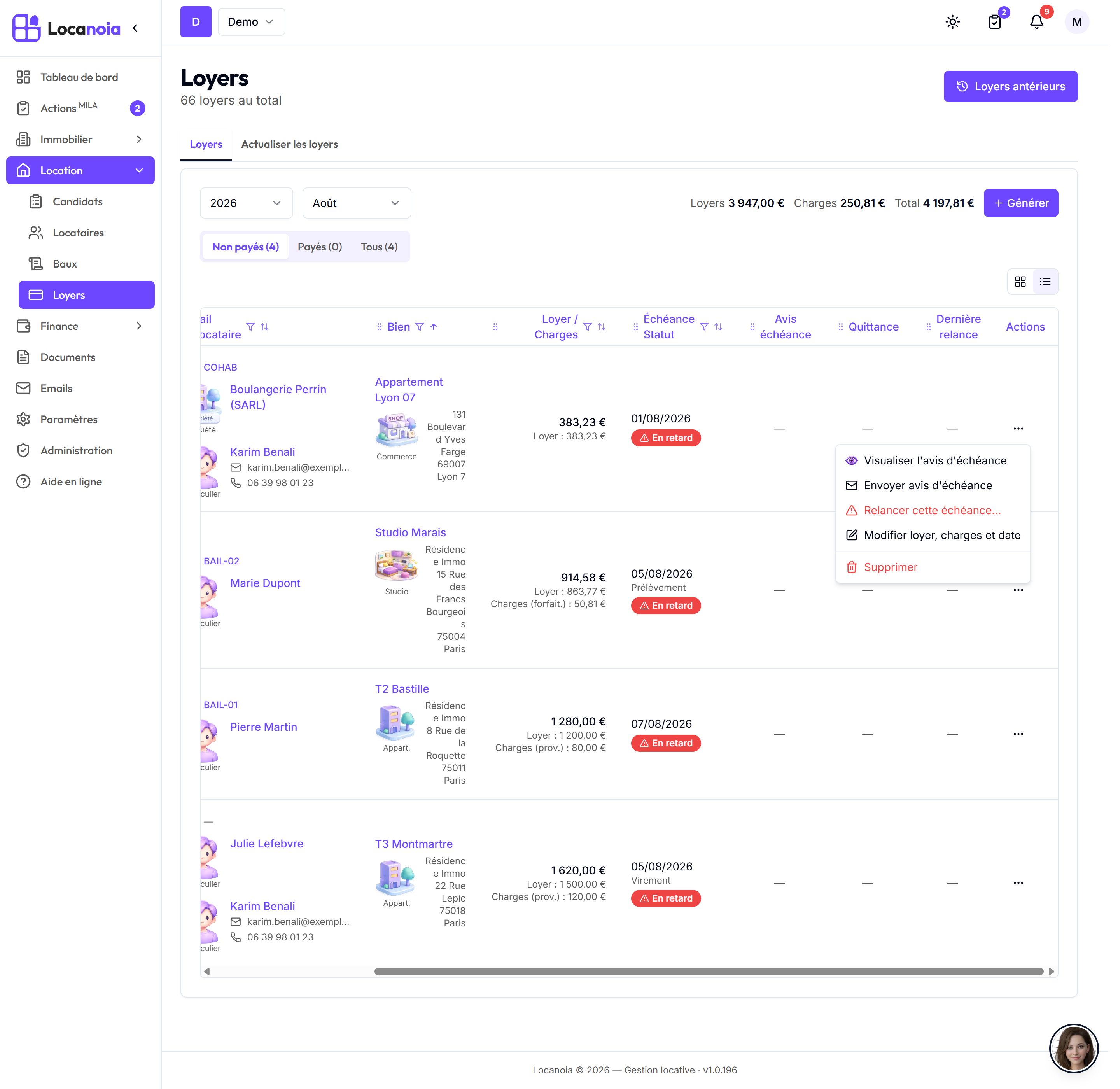 Menu Actions d'une ligne de loyer, avec Relancer cette échéance…