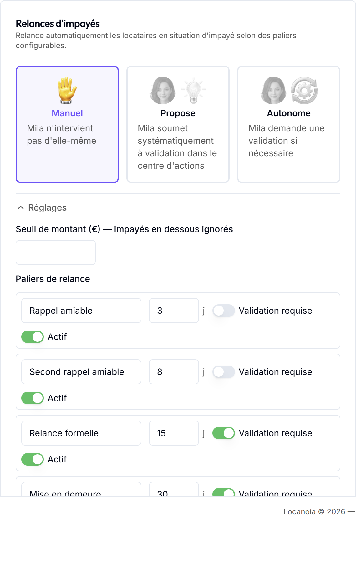 L'éditeur de paliers de la carte Relances d'impayés, avec les 4 lignes et le seuil de montant