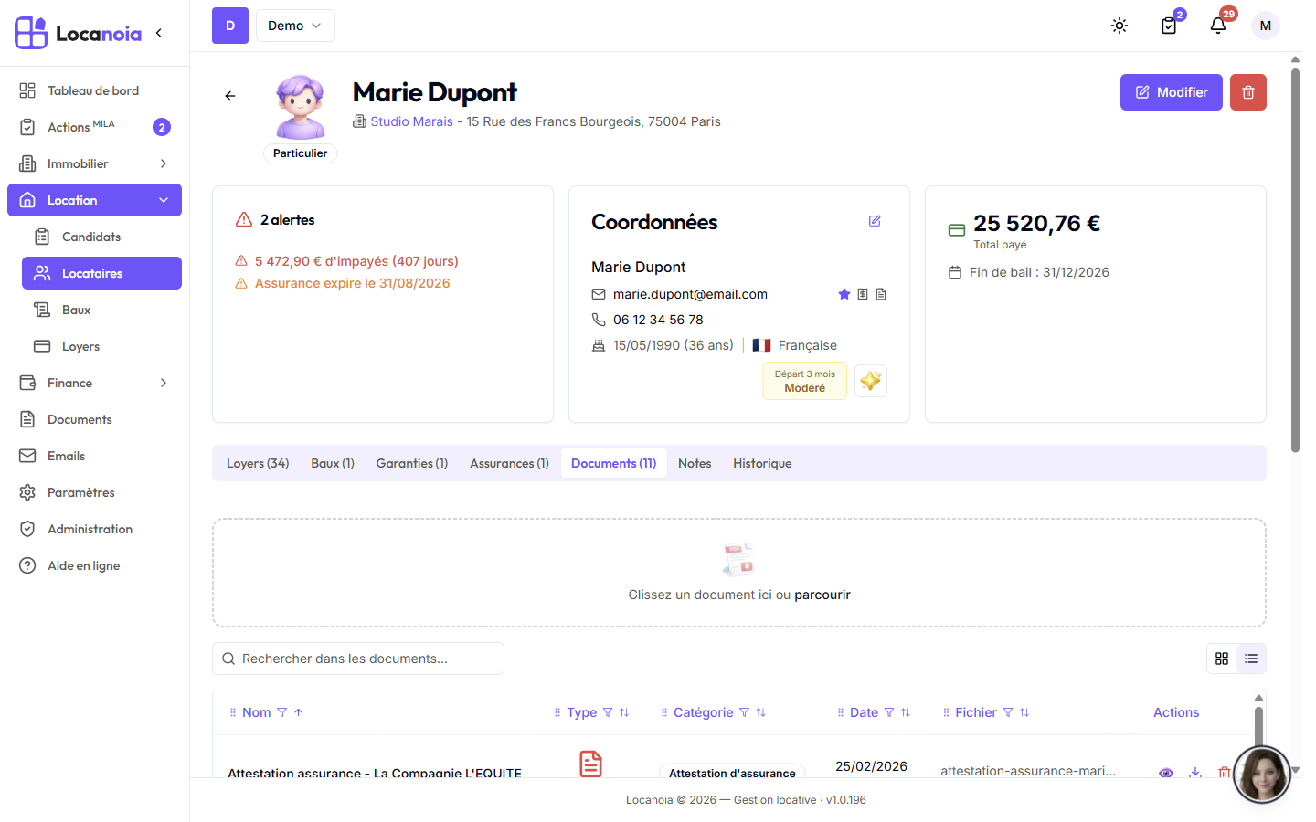 Attestation d'assurance reçue par email et classée automatiquement dans les documents du locataire