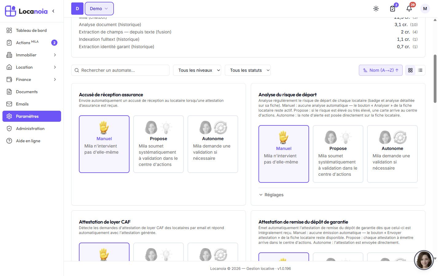 Réglage du niveau d'autonomie (Manuel, Propose, Autonome) pour deux automates dans Paramètres > Mila
