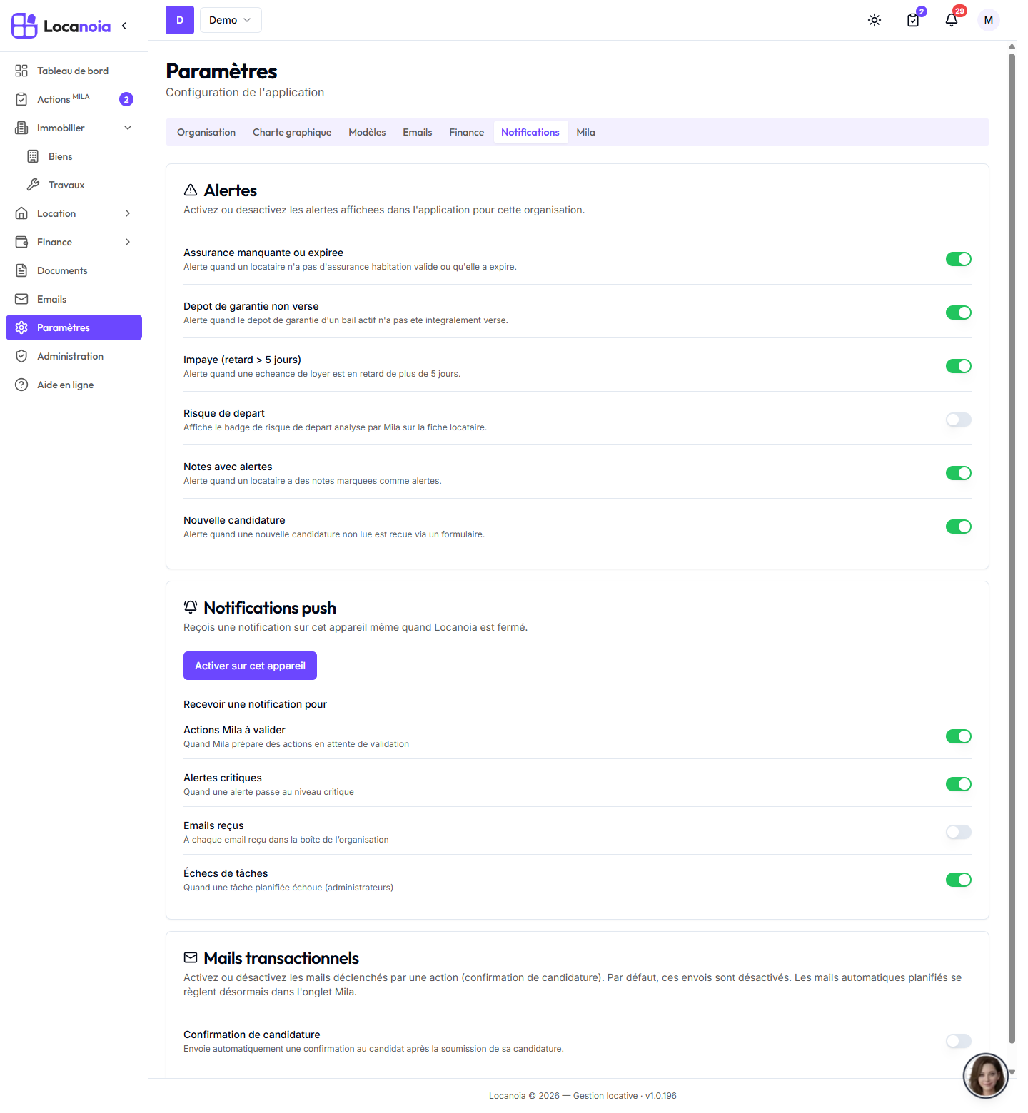 Paramètres > Notifications, avec la carte Alertes (six interrupteurs), la carte Notifications push et la carte Mails transactionnels