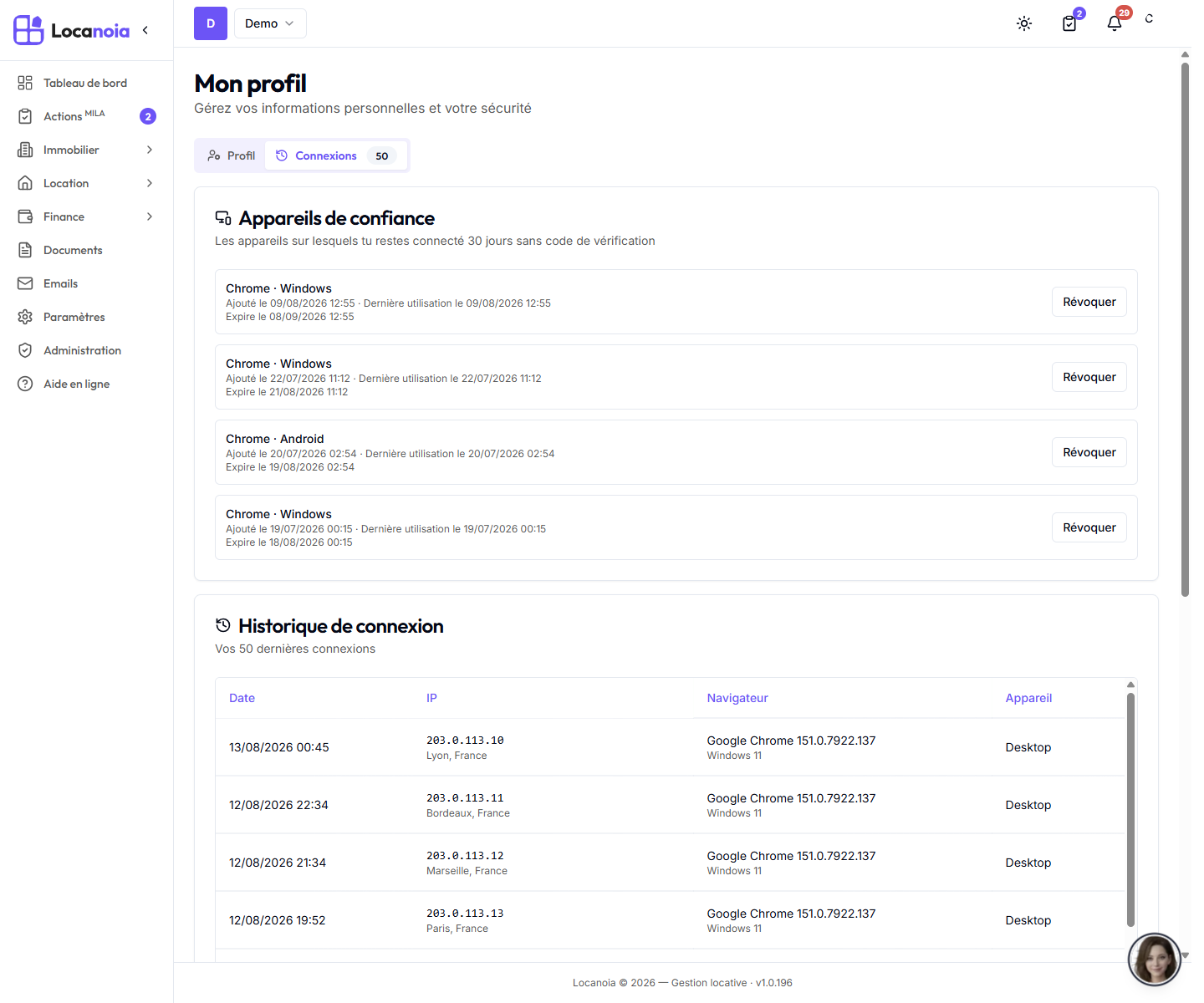 Page Mon profil, onglet Connexions, avec la carte Appareils de confiance au-dessus du tableau Historique de connexion