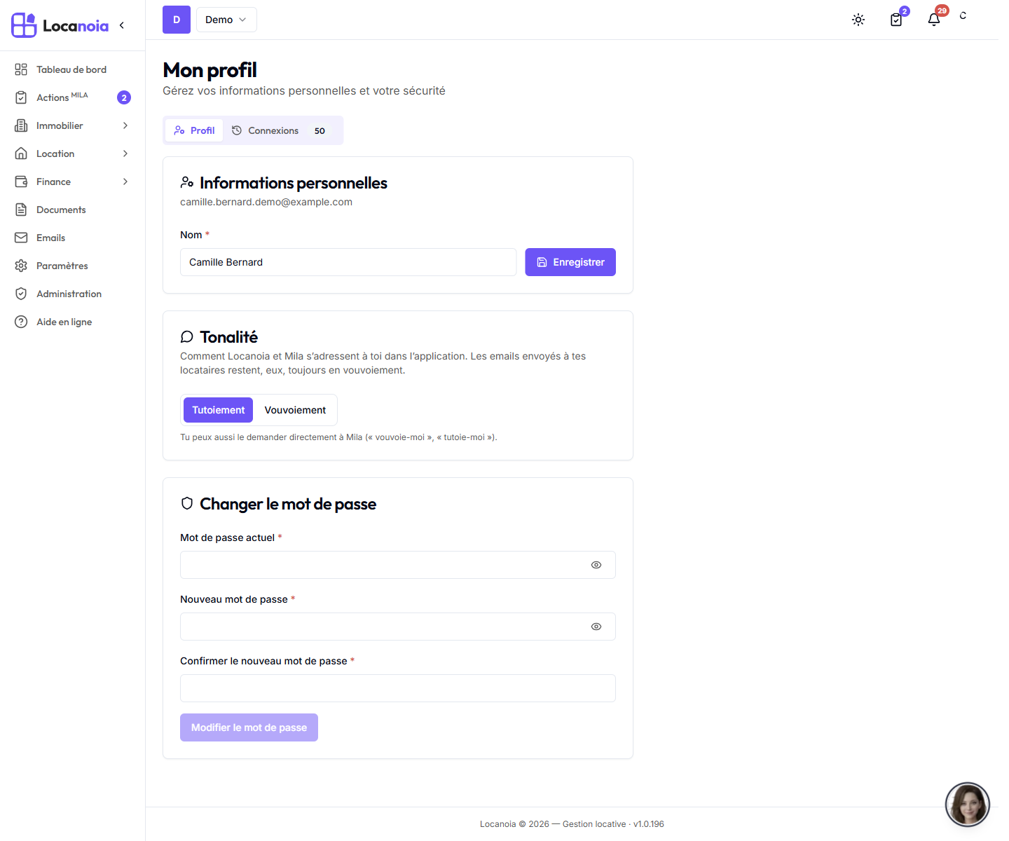 Page Mon profil, onglet Profil, avec les cartes Informations personnelles, Tonalité et Changer le mot de passe